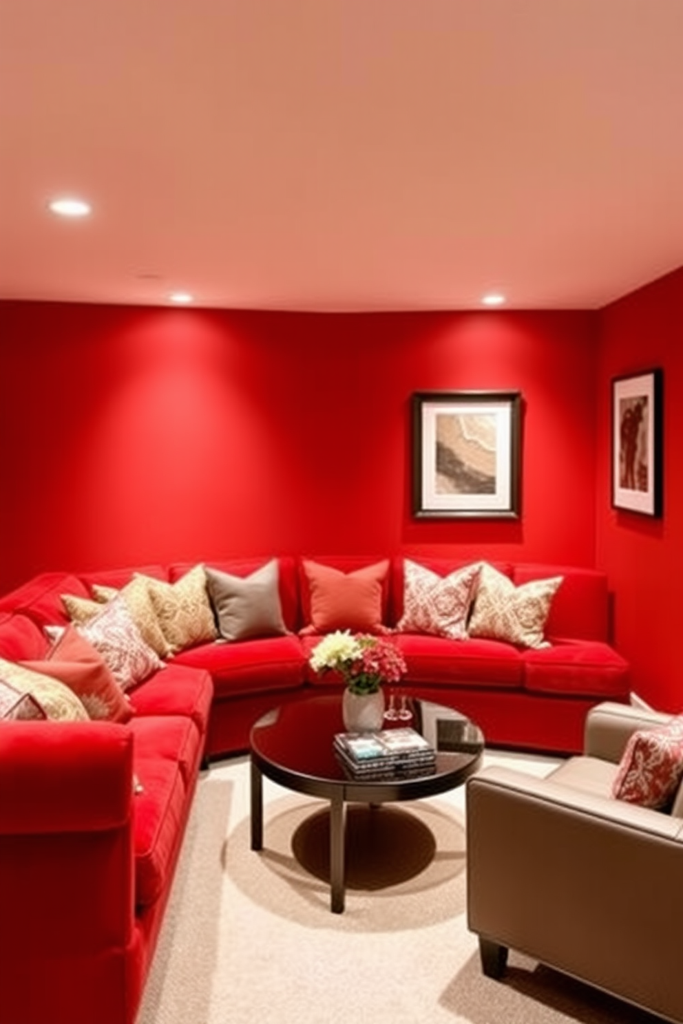 Inviting red lounge area with cushions. The space features a plush red sofa adorned with an array of colorful cushions, creating a cozy atmosphere. Red basement design ideas. The basement is transformed with warm red accent walls, complemented by soft lighting and stylish furniture for a welcoming retreat.