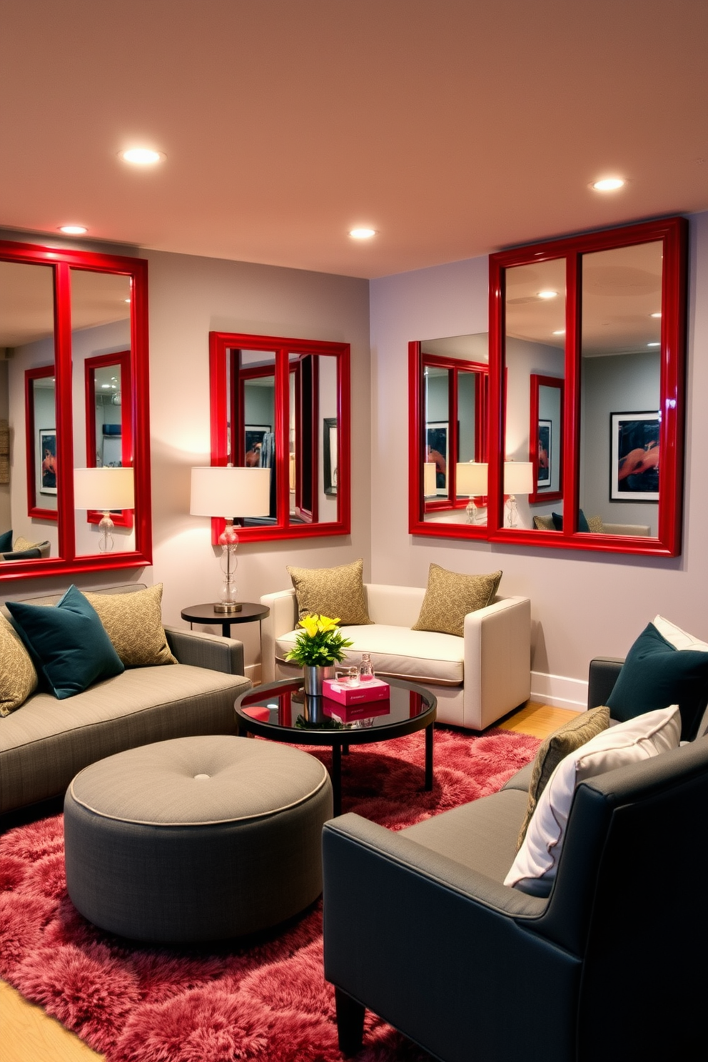 A stylish basement retreat featuring red framed mirrors that enhance the sense of depth and sophistication. The space is designed with comfortable seating arrangements, warm lighting, and vibrant decor elements that create an inviting atmosphere. The basement showcases a modern aesthetic with a mix of textures, including plush rugs and sleek furniture. Thoughtfully placed artwork on the walls complements the red framed mirrors, adding a unique focal point to the room.