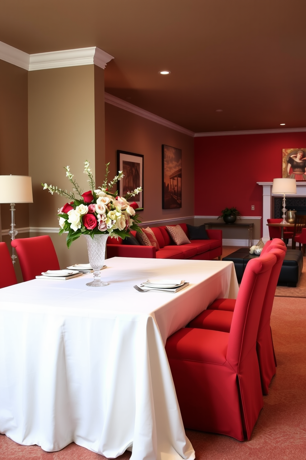 A stylish basement design featuring red accent chairs that add a vibrant pop of color to the space. The walls are painted in a soft gray hue, creating a modern backdrop for the bold seating choice. The floor is covered in a plush dark carpet, providing warmth and comfort underfoot. Ambient lighting illuminates the area, highlighting the playful contrast between the red chairs and the overall neutral palette.