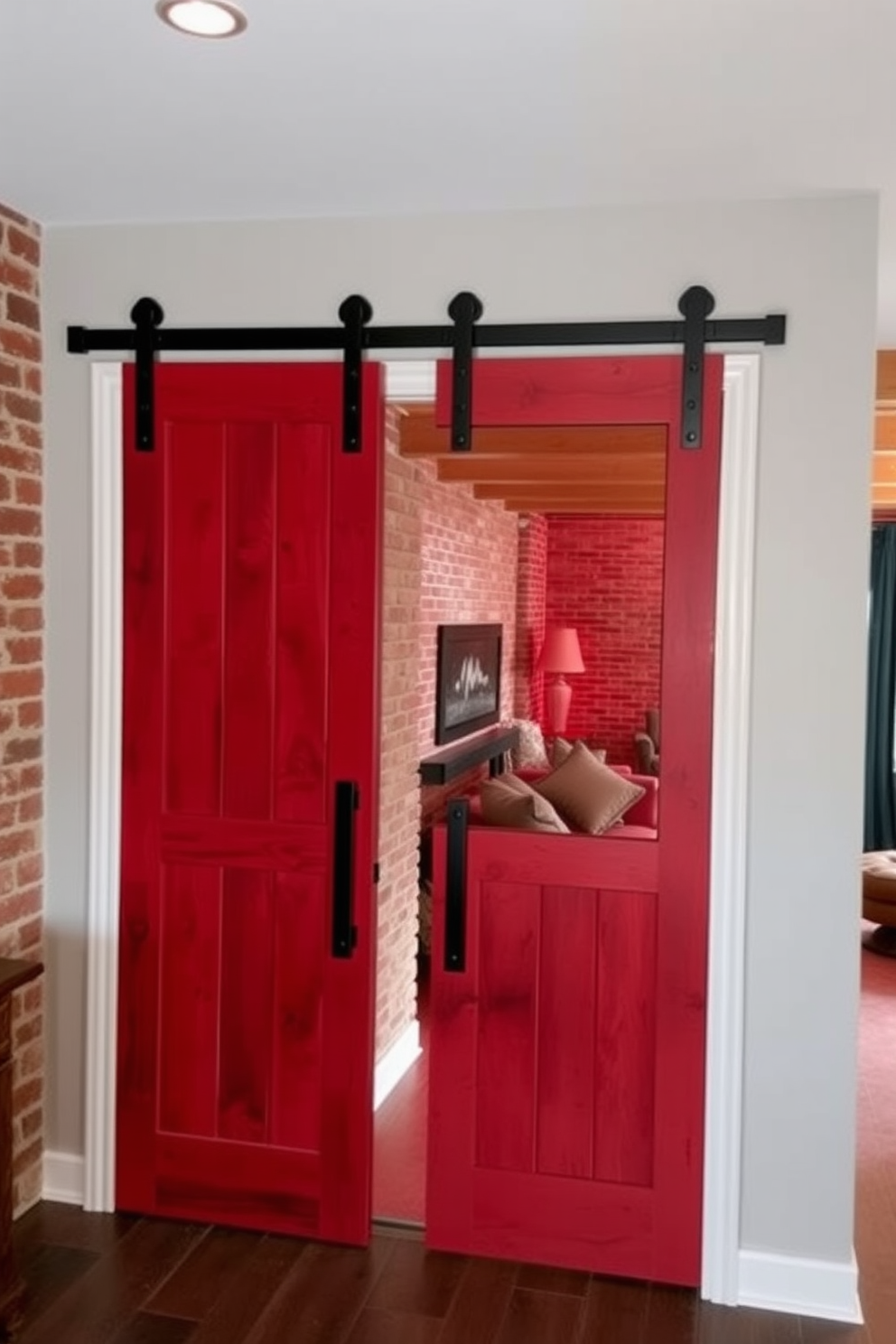 Rustic red barn doors for entryway. The doors are made of reclaimed wood with a distressed finish, featuring large black wrought iron hinges and a sliding mechanism. Red basement design ideas. The space is designed with exposed brick walls, warm wooden beams, and cozy seating areas, accented by soft red lighting for a welcoming atmosphere.