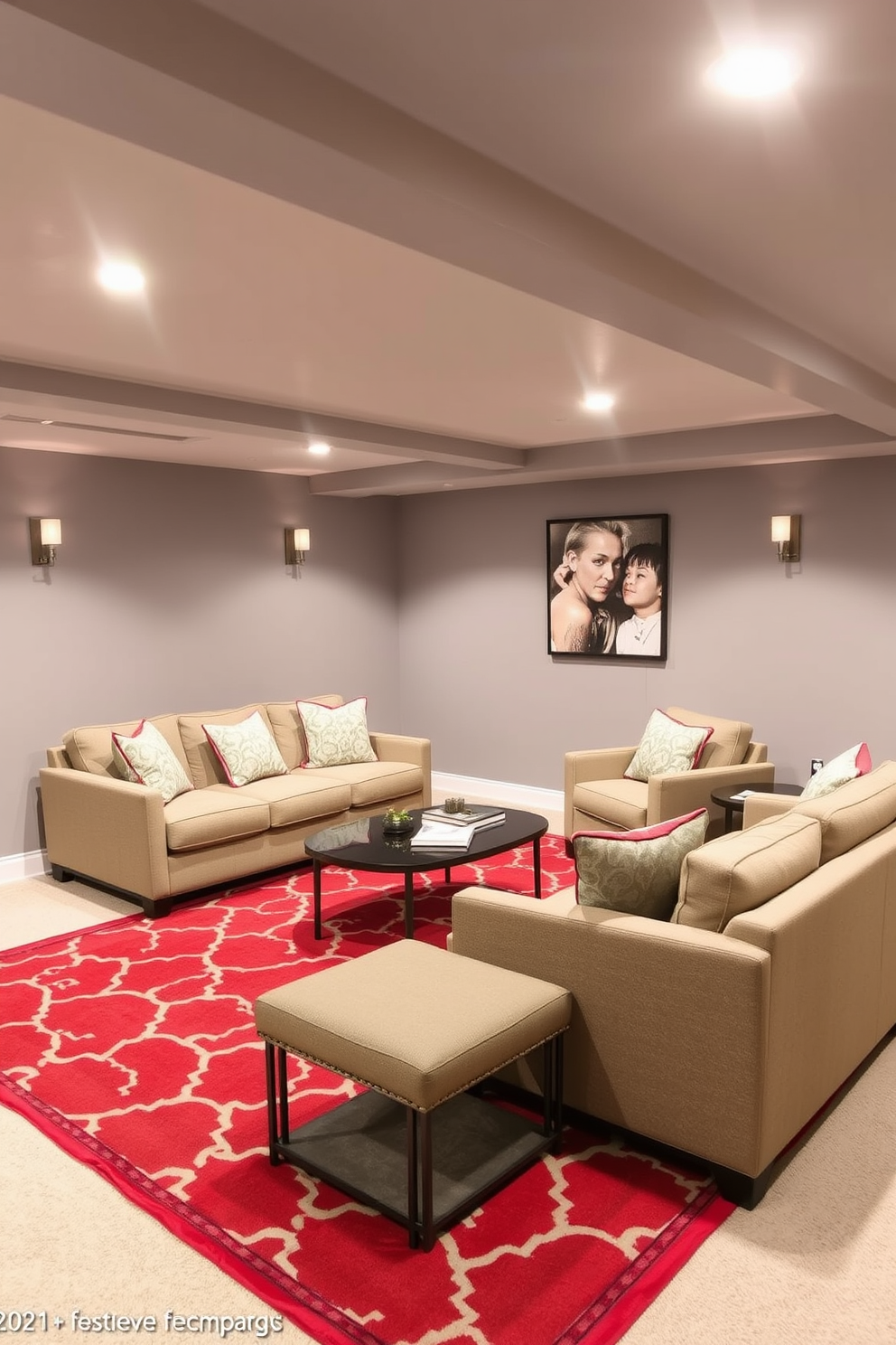 A cozy basement retreat featuring a red patterned area rug that adds warmth and vibrancy to the space. The walls are painted in a soft gray tone, and comfortable seating arrangements are complemented by stylish lighting fixtures.