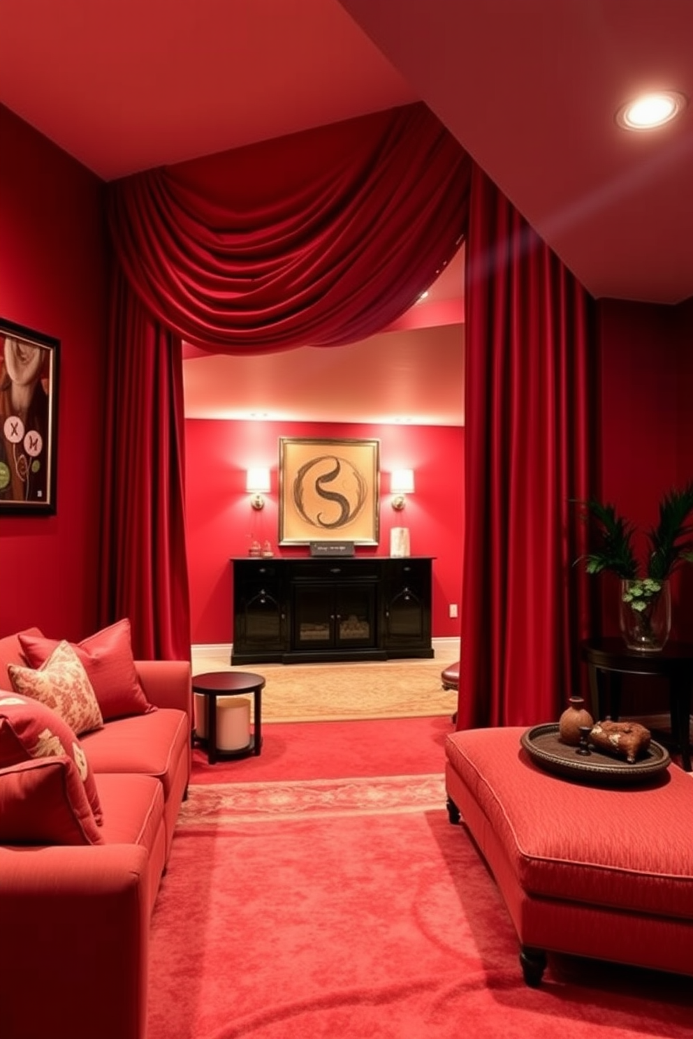 Red leather chairs provide a touch of luxury and comfort in the space. The basement features a modern design with sleek lines and ambient lighting to enhance the cozy atmosphere. The walls are painted in a soft gray, creating a striking contrast with the bold red chairs. A plush area rug adds warmth, while strategically placed shelves showcase decorative items and books.