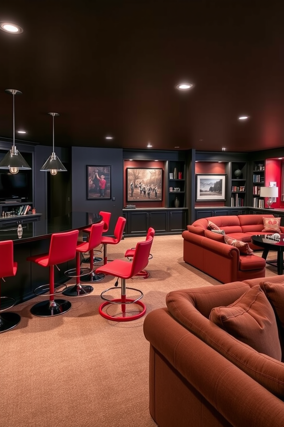 A stylish entertainment area featuring vibrant red bar stools arranged around a sleek black counter. The space is illuminated by modern pendant lights, and the walls are adorned with contemporary art pieces. A cozy basement designed for relaxation and entertainment, showcasing a rich color palette with deep reds and warm neutrals. The layout includes a plush sectional sofa, a game table, and built-in shelves filled with books and decorative items.