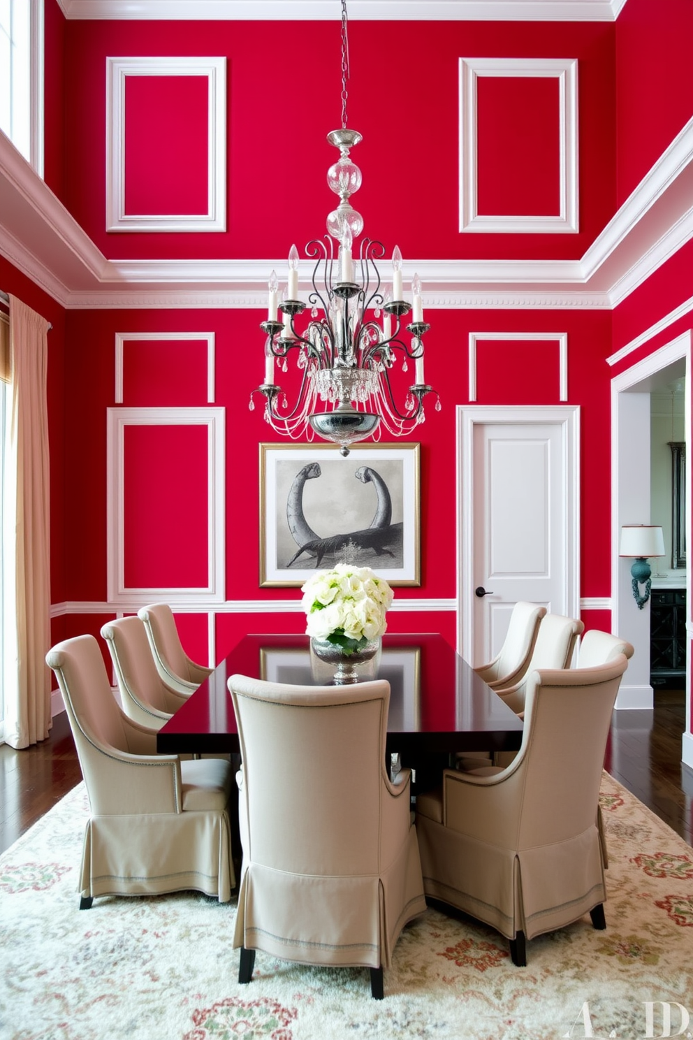 A bold red accent wall creates a striking focal point in the dining room, complemented by crisp white trim that adds a touch of elegance. The room features a large wooden dining table surrounded by upholstered chairs, creating a warm and inviting atmosphere for gatherings.