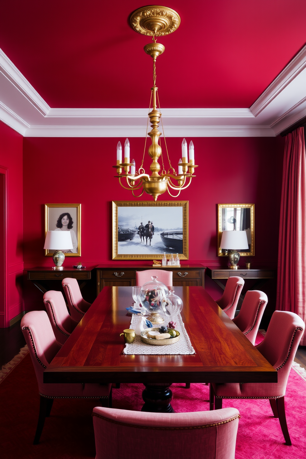 A striking red dining room adorned with brass accents creates a warm and inviting atmosphere. A large wooden dining table takes center stage, surrounded by elegant upholstered chairs in a complementary shade. The walls are painted in a rich crimson hue, enhancing the room's dramatic appeal. A stunning brass chandelier hangs above the table, casting a soft glow on the space below.