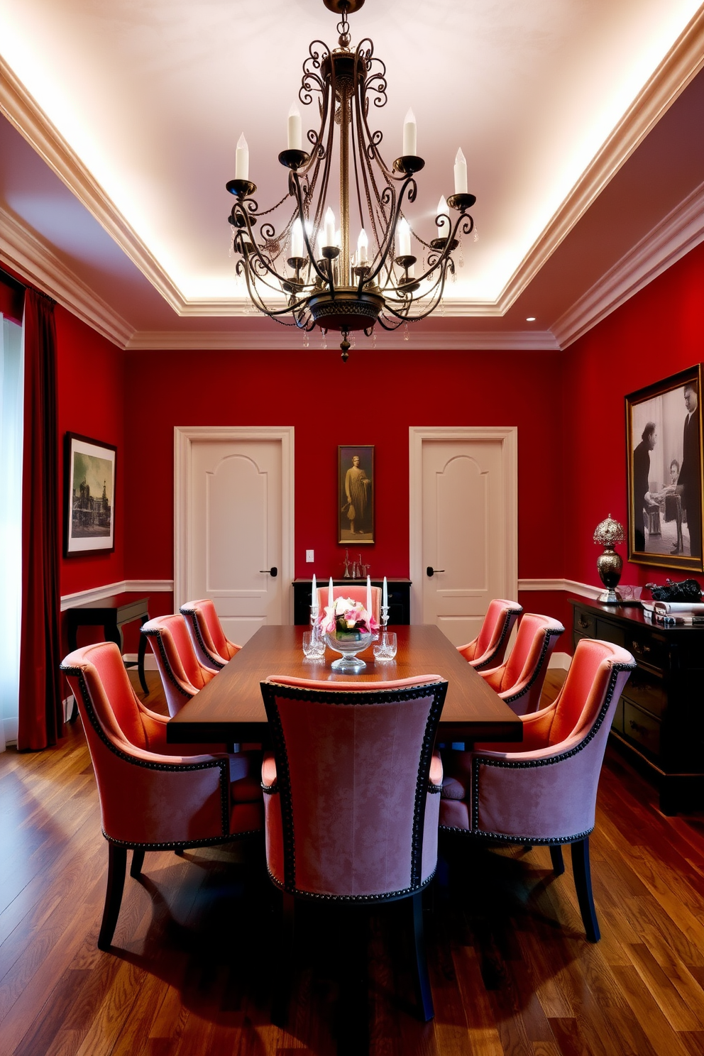 A striking dining room featuring a sleek wooden table surrounded by elegant upholstered chairs. Above the table, two vibrant red pendant lights hang gracefully, casting a warm glow over the space. The walls are painted in a rich burgundy hue, complementing the red accents throughout the room. A large abstract painting with bold red tones adorns one wall, adding a touch of modern art to the design.