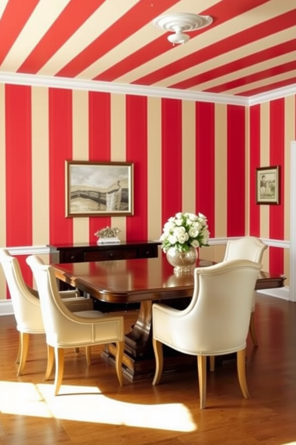 A luxurious dining room featuring dark wood furniture complemented by striking red accents. The table is elegantly set with fine china, and plush red chairs surround it, creating a warm and inviting atmosphere. Rich red drapes frame large windows, allowing natural light to enhance the room's opulence. A statement chandelier hangs above the table, casting a soft glow over the space and highlighting the intricate details of the dark wood cabinetry.