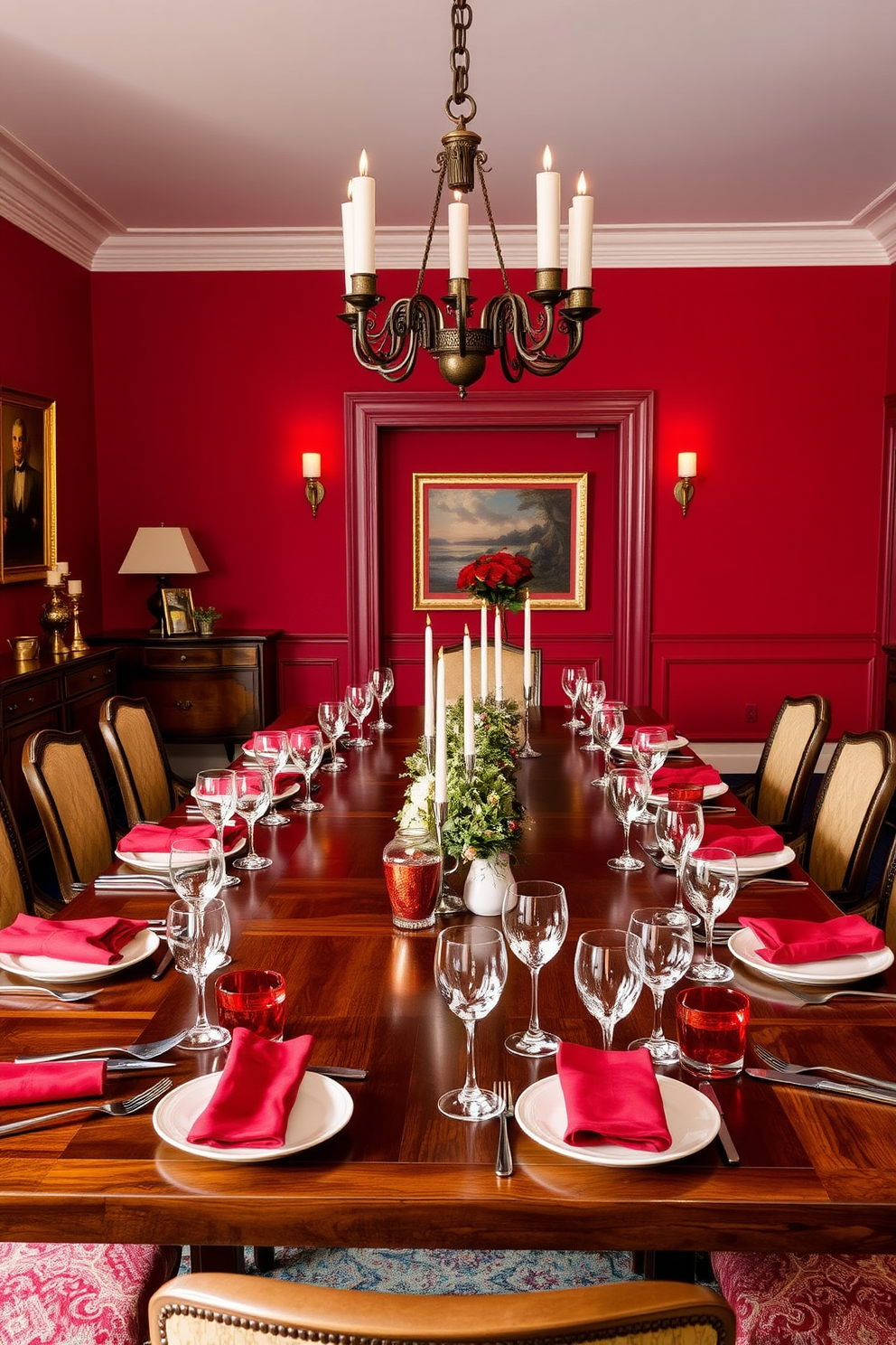 A stylish red dining room features a large wooden table set with elegant red place settings. The table is adorned with fine china, polished silverware, and crystal glassware, creating an inviting atmosphere for dinner parties. The walls are painted in a deep crimson hue, complemented by rich mahogany furniture. Soft, ambient lighting illuminates the space, enhancing the luxurious feel of the room.