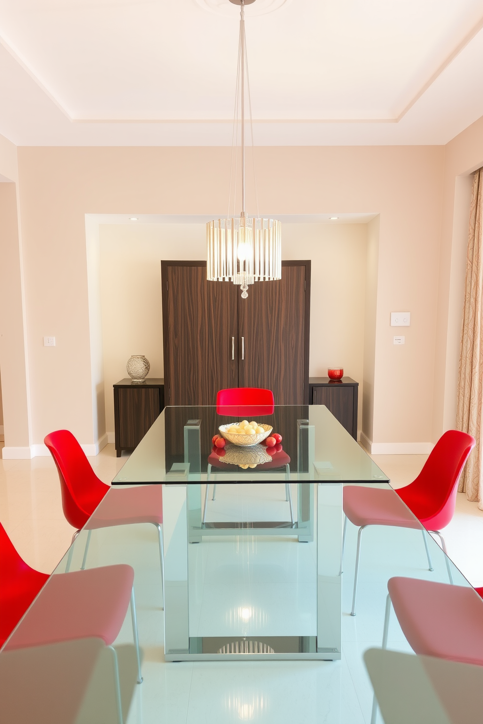 A contemporary dining room features a sleek glass dining table surrounded by vibrant red chairs that add a pop of color. The walls are painted in a soft neutral tone, creating a warm and inviting atmosphere, while a modern chandelier hangs above the table, providing elegant lighting.