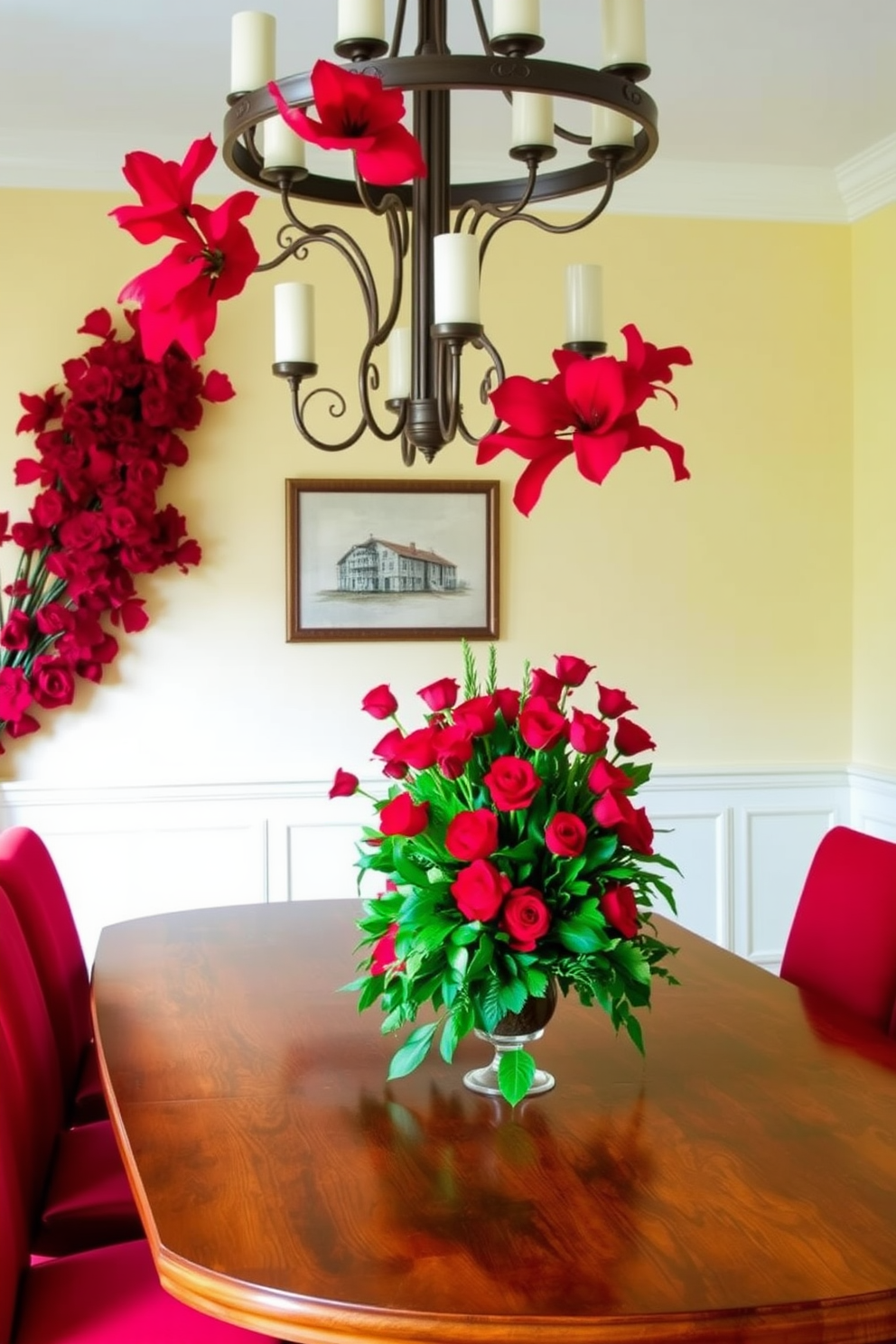 A vibrant dining room featuring a large wooden table adorned with exquisite red floral arrangements in elegant vases. The walls are painted in a soft cream color, complemented by plush red upholstered chairs that add warmth to the space. The centerpiece of the table showcases a stunning arrangement of various red flowers, including roses and tulips, surrounded by lush greenery. Soft ambient lighting from a stylish chandelier above enhances the inviting atmosphere, creating a perfect setting for gatherings.