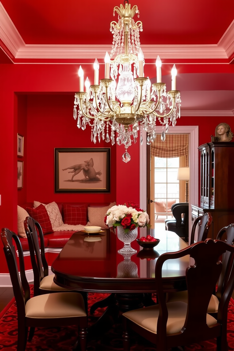 A luxurious dining room featuring a rich red and cream color scheme. The walls are adorned with cream-colored wainscoting, complemented by deep red paint above, creating a warm and inviting atmosphere. At the center of the room, a large wooden dining table is surrounded by plush cream upholstered chairs. A stunning chandelier with crystal accents hangs above the table, casting a soft glow over the elegant setting.