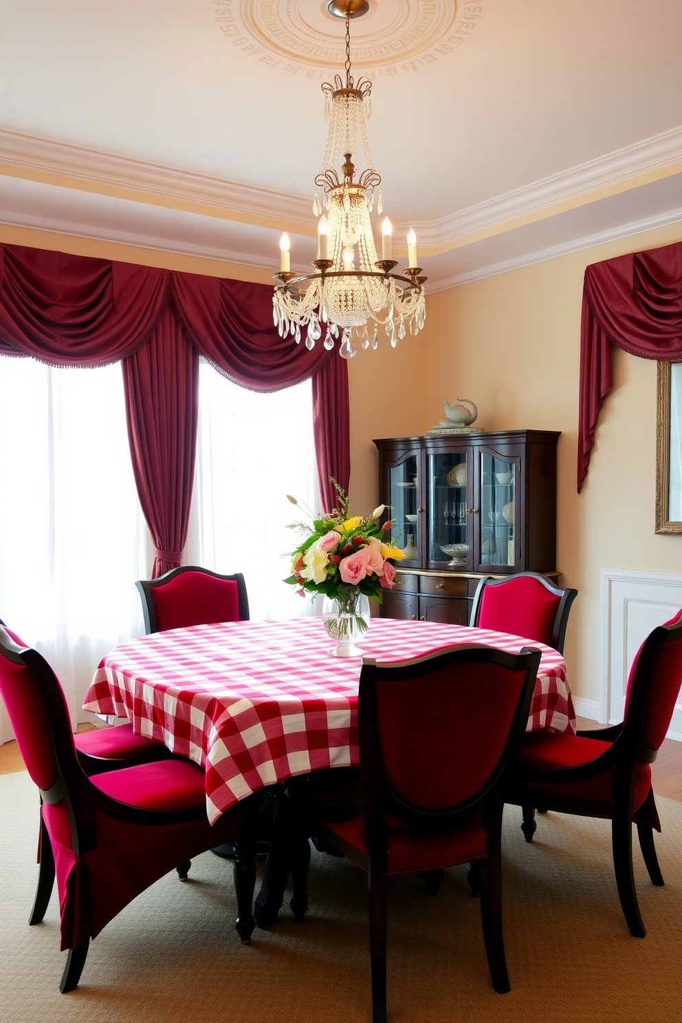 A bold red and white checkered tablecloth covers a large wooden dining table, surrounded by elegant upholstered chairs in a deep crimson hue. The walls are painted in a soft cream color, enhancing the vibrancy of the table setting and creating a warm, inviting atmosphere. Above the table, a stunning chandelier with crystal accents casts a soft glow, while a centerpiece of fresh flowers in a glass vase adds a touch of natural beauty. Large windows dressed with sheer white curtains allow natural light to flood the room, highlighting the rich textures and colors of the decor.