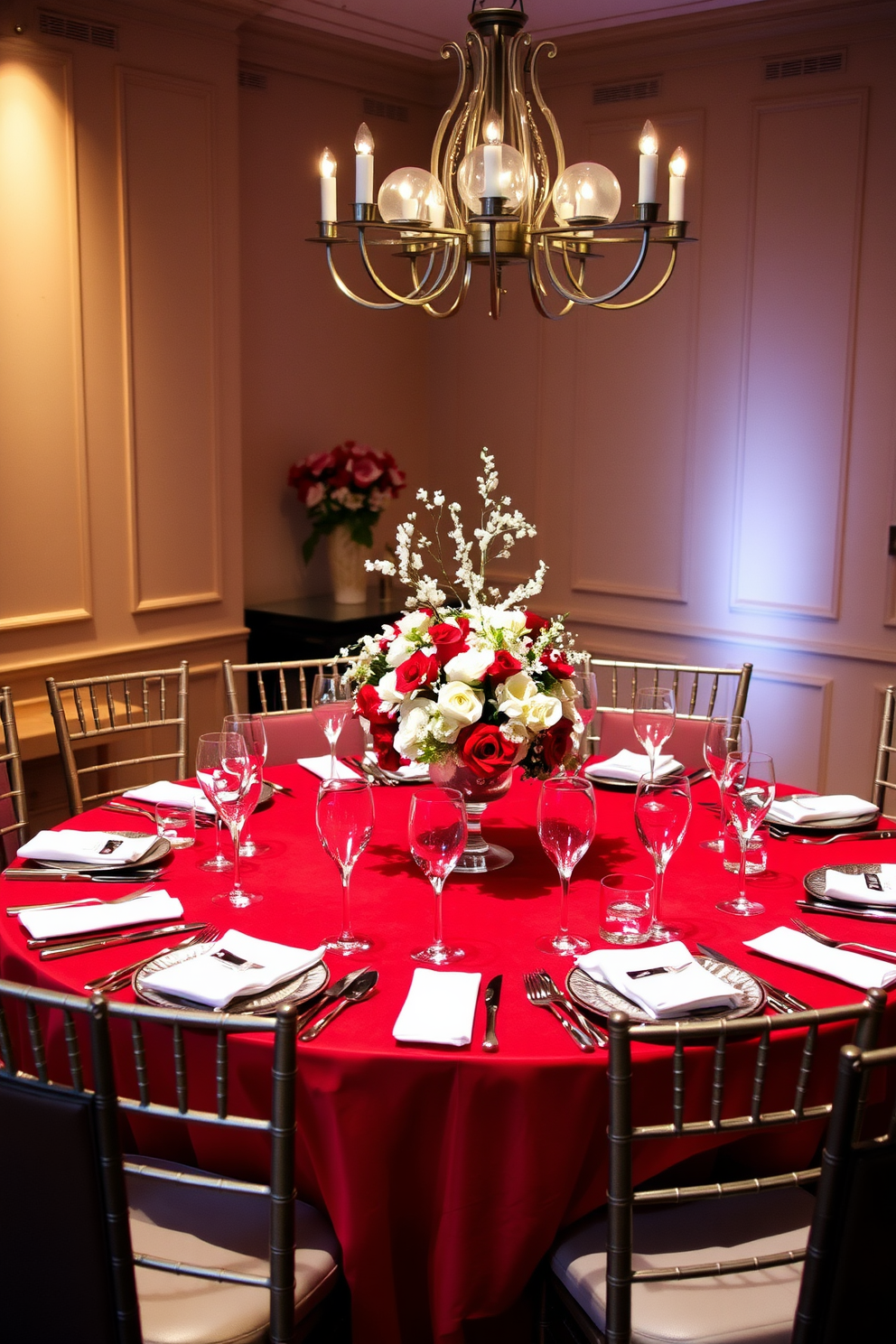 A sophisticated red and silver table setting featuring an elegant round table draped with a rich red tablecloth. The table is adorned with silver cutlery, crystal wine glasses, and a stunning floral centerpiece in shades of white and silver. The dining room walls are painted in a soft neutral tone, enhancing the vibrant red accents. Ambient lighting from a stylish chandelier casts a warm glow over the table, creating an inviting atmosphere for dining.