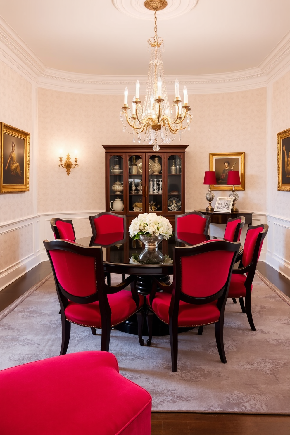 Elegant red velvet dining chairs surround a polished dark wood table that serves as the centerpiece of the room. The walls are adorned with soft cream wallpaper, and a stunning chandelier hangs above, casting a warm glow over the inviting space. The dining room features a large area rug in muted tones that complements the rich red of the chairs. Artwork with gold accents decorates the walls, adding a touch of sophistication and style to the overall design.