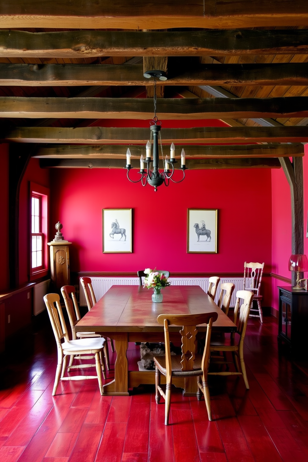 A rustic dining room with exposed wooden beams overhead. The walls are painted in a deep red shade, creating a warm and inviting atmosphere. A large wooden dining table is centered in the room, surrounded by mismatched chairs for a cozy feel. A vintage chandelier hangs above the table, adding a touch of elegance to the rustic decor.