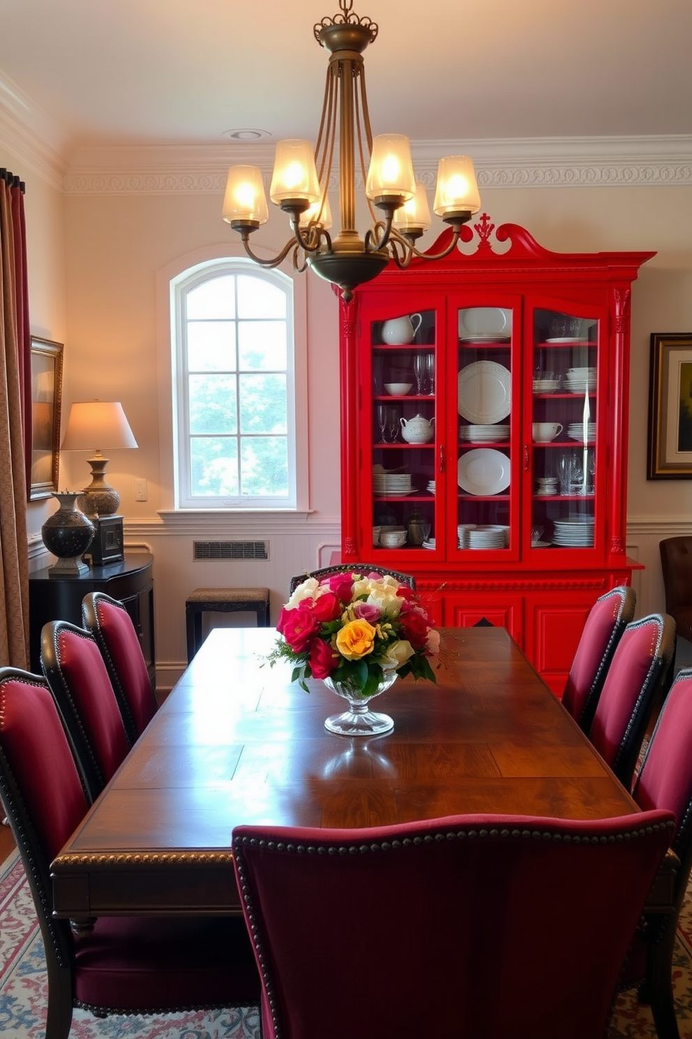 A bright red china cabinet stands prominently against the wall, showcasing an array of elegant dishes and glassware. The dining room features a large wooden table surrounded by upholstered chairs in rich tones that complement the vibrant cabinet. Warm lighting from a chandelier casts a cozy glow over the space, enhancing the inviting atmosphere. Decorative elements such as a centerpiece of fresh flowers and artwork on the walls add personality to the room.