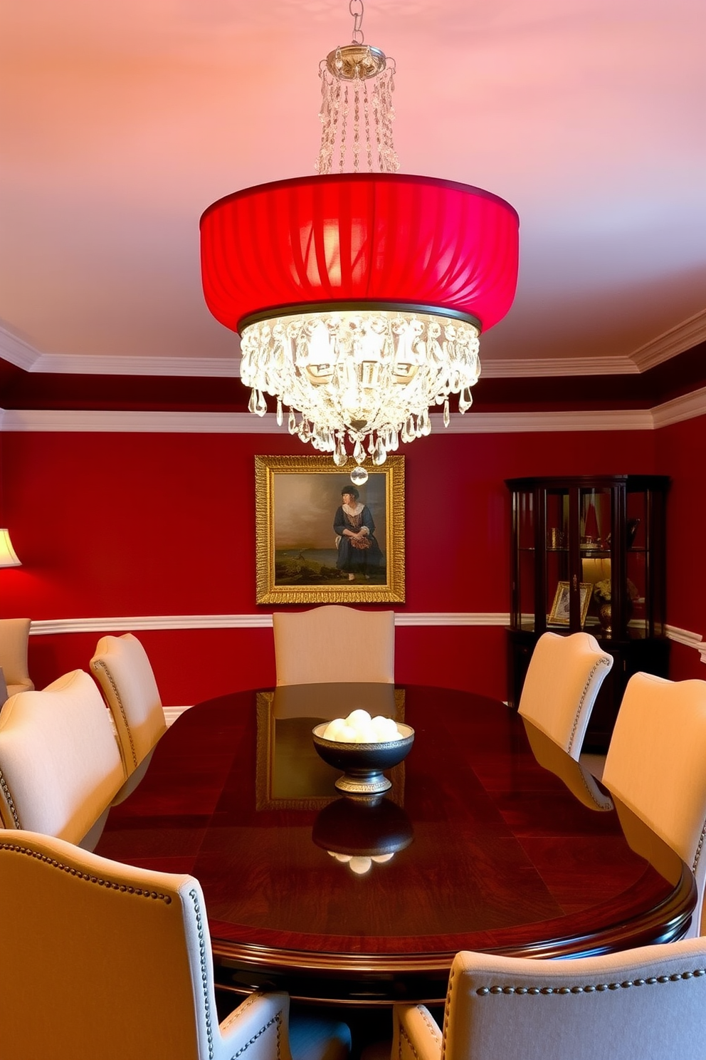 A minimalist dining room featuring a sleek red table with simple, modern chairs surrounding it. The walls are painted in a soft white, creating a striking contrast with the bold red accents throughout the space. Natural light floods in through large windows, illuminating the room's clean lines and uncluttered surfaces. A single statement pendant light hangs above the table, adding a touch of elegance to the minimalist design.