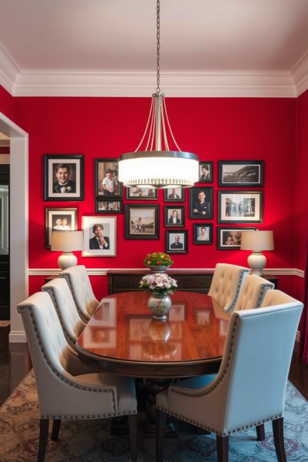 A striking red feature wall serves as the backdrop for a stunning family photo gallery, showcasing cherished memories in stylish frames. The gallery is thoughtfully arranged, creating a focal point that draws the eye and adds warmth to the space. The dining room features a luxurious red color scheme, with a large wooden dining table surrounded by elegant upholstered chairs. A modern chandelier hangs above the table, providing soft lighting that enhances the inviting atmosphere of the room.