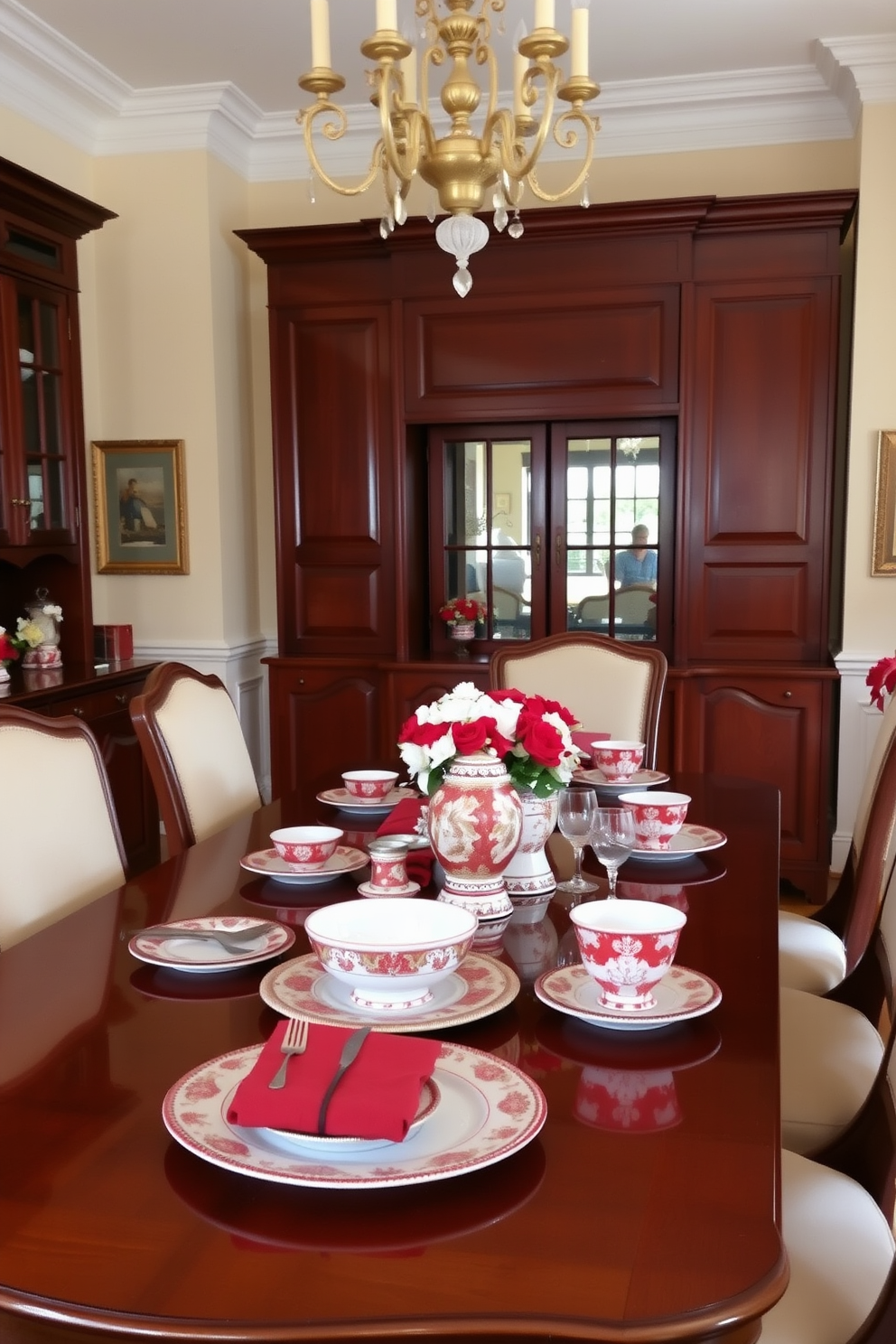 A classic red and white porcelain dinnerware set is elegantly arranged on a polished wooden dining table. The room features rich mahogany cabinetry and soft cream walls, creating a warm and inviting atmosphere. Charming red accents are incorporated through upholstered chairs and decorative centerpieces. A stunning chandelier hangs above, casting a soft glow over the beautifully set table.