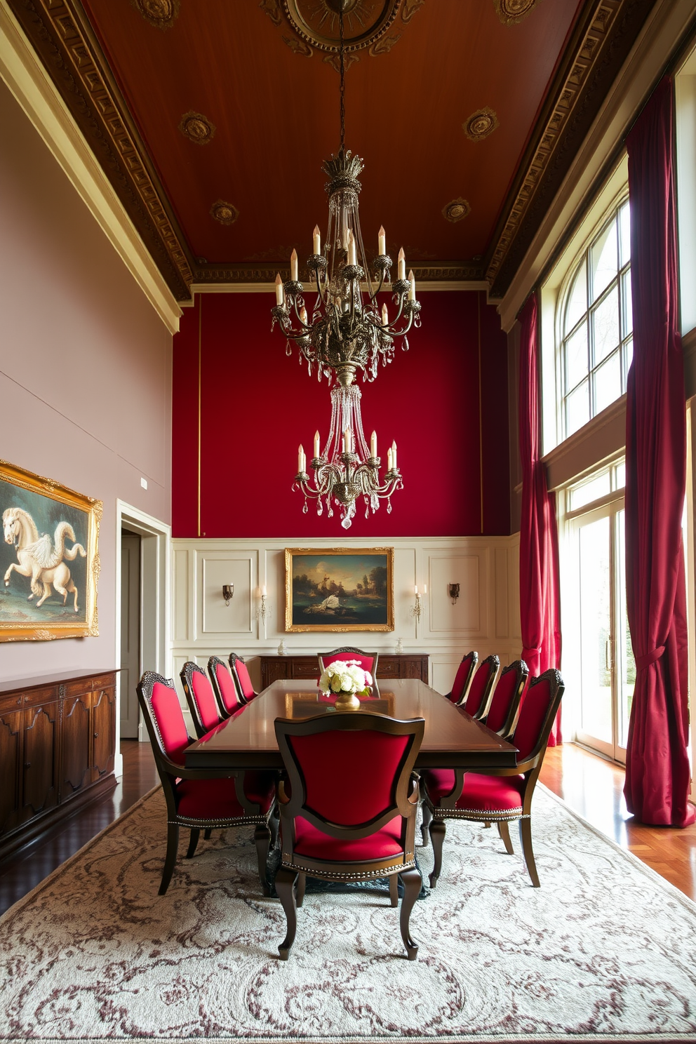 A luxurious dining room featuring rich red upholstery on elegantly designed dining chairs. The chairs surround a grand wooden table, complemented by a stunning chandelier that casts a warm glow over the space. The walls are adorned with tasteful artwork that enhances the opulent atmosphere. A plush area rug in neutral tones anchors the room, while large windows allow natural light to flood in, highlighting the vibrant red hues.