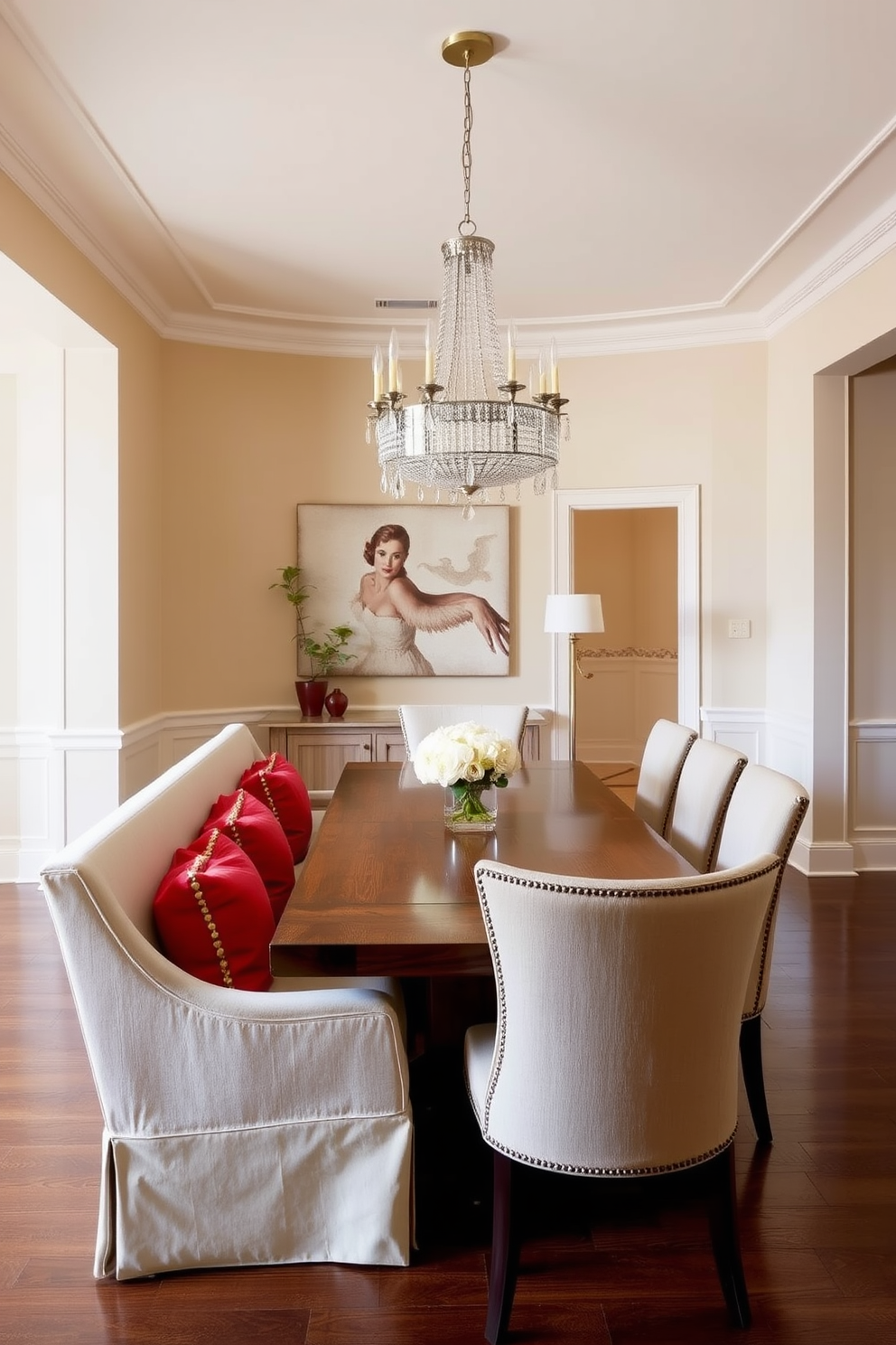 A vibrant dining room featuring a long wooden table surrounded by elegant chairs. The bench along one side is adorned with red accent pillows that add a pop of color to the neutral decor. The walls are painted in a soft beige, creating a warm atmosphere. A statement chandelier hangs above the table, enhancing the sophisticated feel of the space.