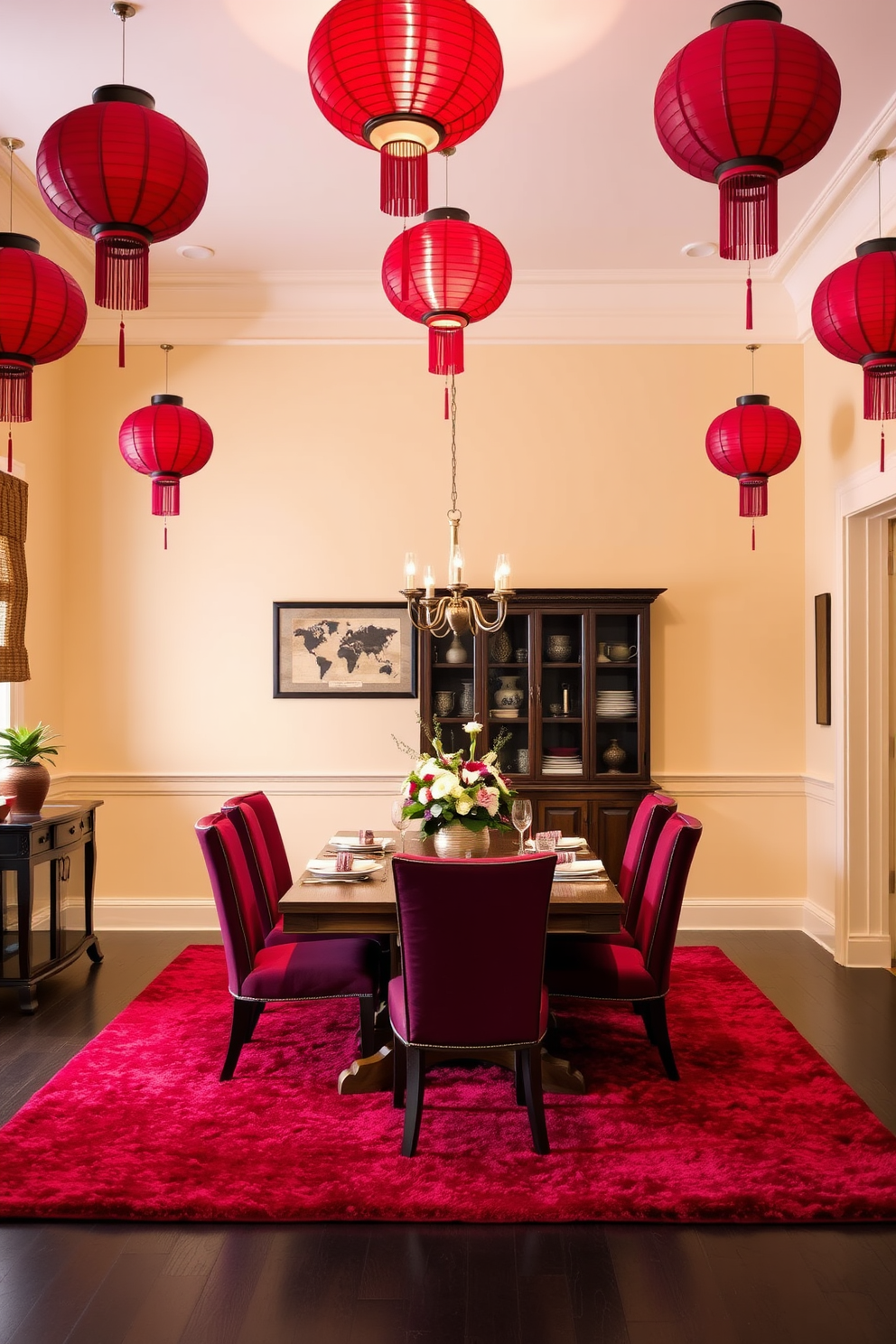 A cozy dining room setting illuminated by charming red lanterns hanging from the ceiling. The walls are painted a warm cream color, and a large wooden table is centered in the room surrounded by upholstered chairs in deep burgundy. The table is set with elegant dinnerware and a centerpiece of fresh flowers. A plush area rug in a rich red hue anchors the space, enhancing the inviting atmosphere of the dining area.