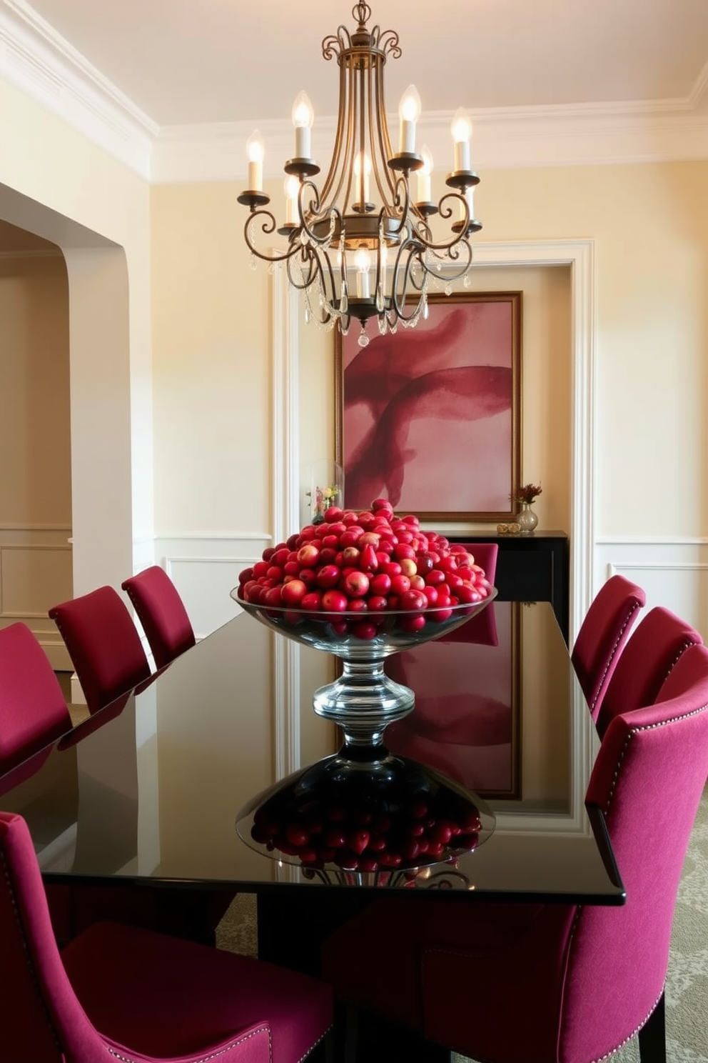 A vibrant red fruit centerpiece is artfully arranged in a large glass bowl at the center of a sleek dining table. Surrounding the table are elegant upholstered chairs in a rich shade of burgundy, complementing the overall warmth of the space. The dining room walls are painted a soft cream color, enhancing the vibrancy of the red accents. A stylish chandelier hangs above the table, casting a warm glow that highlights the beauty of the fruit and the inviting atmosphere of the room.