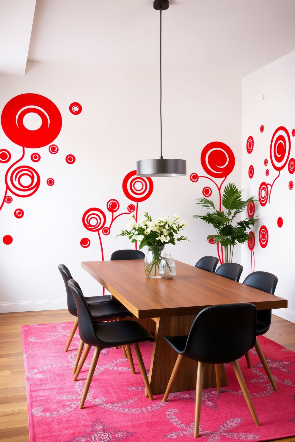 A vibrant dining room featuring bold red wall decals that add a playful touch to the space. The room is furnished with a sleek wooden dining table surrounded by stylish chairs, creating an inviting atmosphere for gatherings.