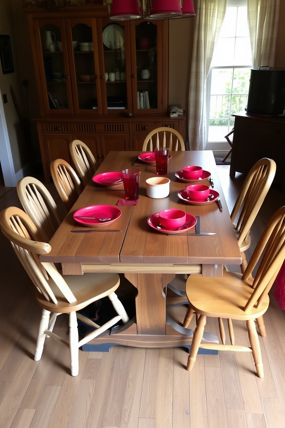 A rustic wooden table is set in the center of a cozy dining room, adorned with vibrant red tableware that adds a pop of color. Surrounding the table are mismatched wooden chairs, each with its own unique character, creating an inviting atmosphere for family gatherings.