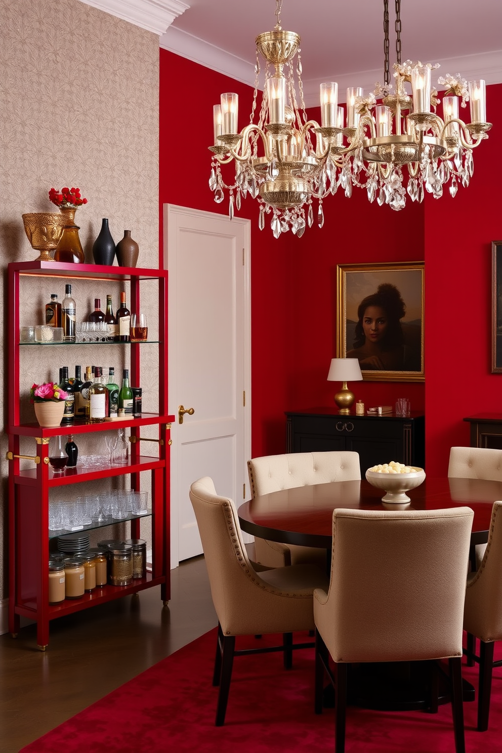 A stylish red bar cart stands elegantly against the wall, featuring a sleek design with gold accents and glass shelves. It is adorned with an array of premium spirits, decorative glassware, and a small vase of fresh flowers for a touch of sophistication. The dining room showcases a bold red color palette, with a large wooden table at its center surrounded by plush upholstered chairs. A stunning chandelier hangs above, casting a warm glow over the space, complemented by tasteful artwork on the walls.