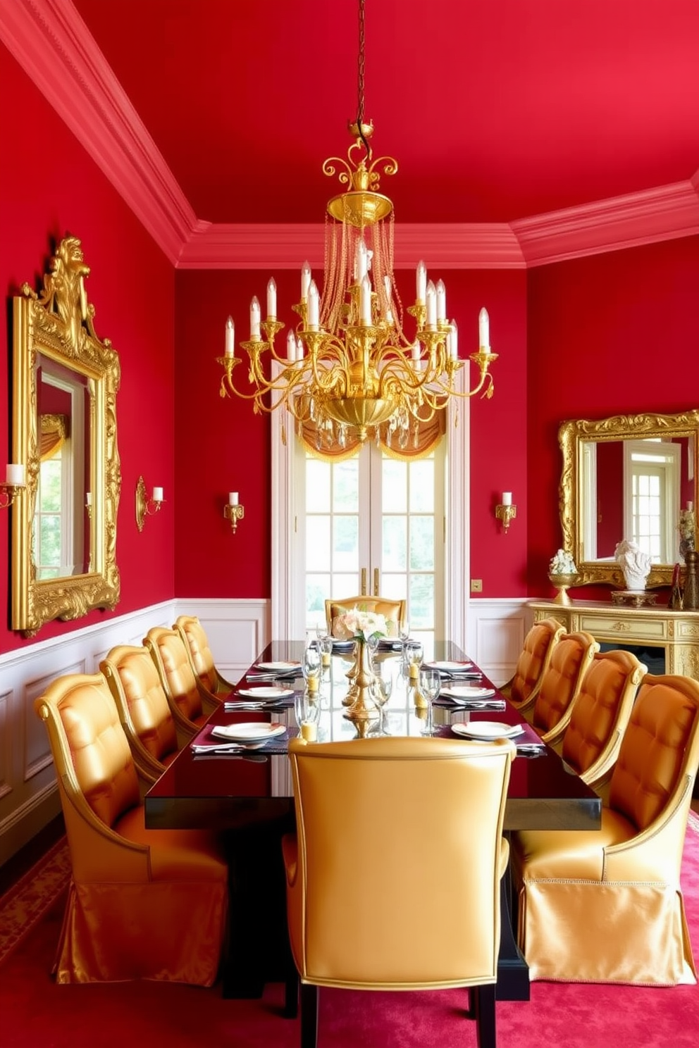 Chic red and gold color scheme dining room. The walls are painted a deep red, creating a warm and inviting atmosphere, while a stunning gold chandelier hangs above a long, elegant dining table. The table is set with fine china and gold-accented glassware, complemented by plush upholstered chairs in a rich gold fabric. A large, ornate mirror with a gold frame adorns one wall, reflecting the beauty of the space and enhancing the luxurious feel.