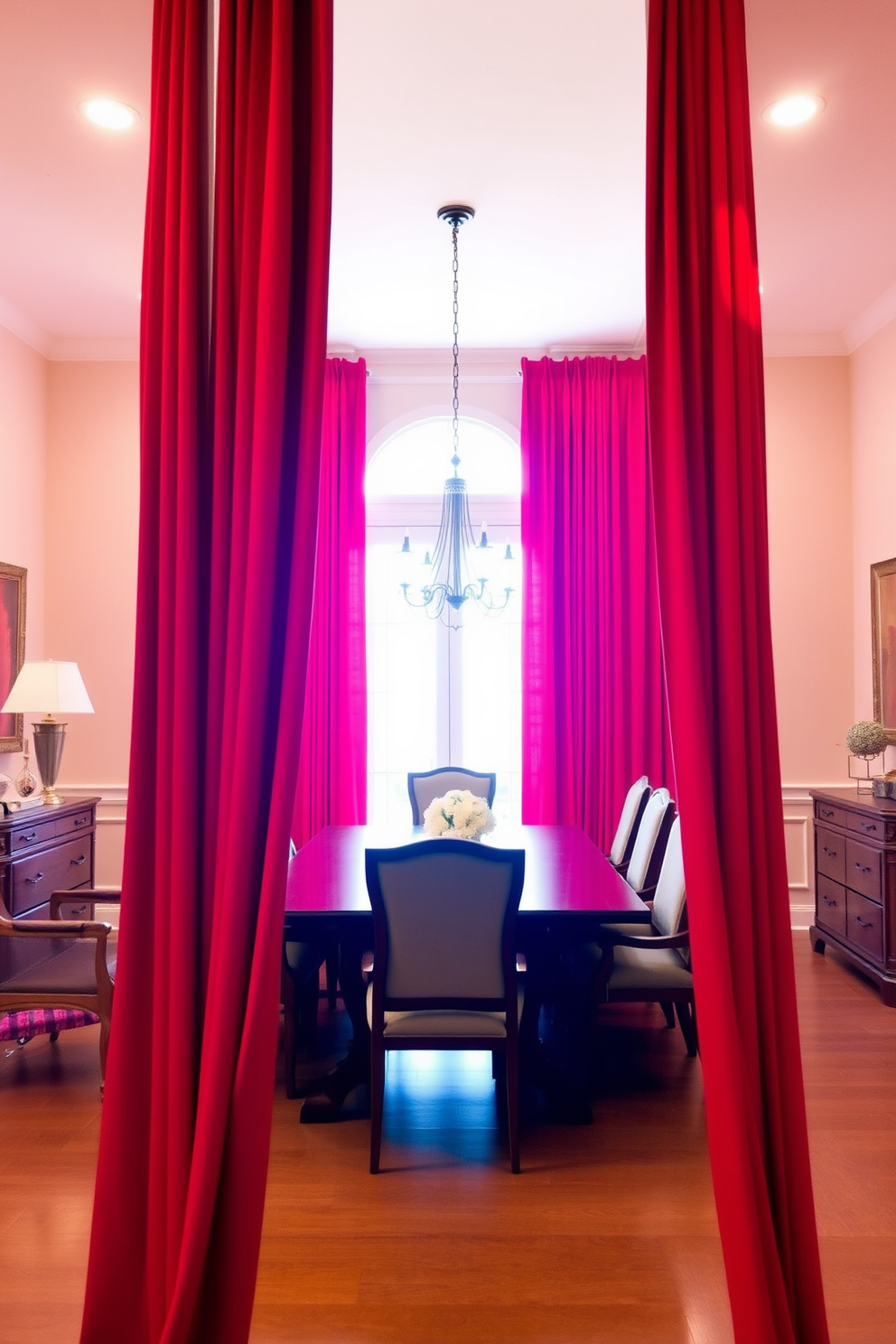 Bright red curtains frame a spacious dining room, creating a bold contrast against the soft neutral walls. A large wooden dining table sits at the center, surrounded by elegant upholstered chairs that complement the vibrant drapery.