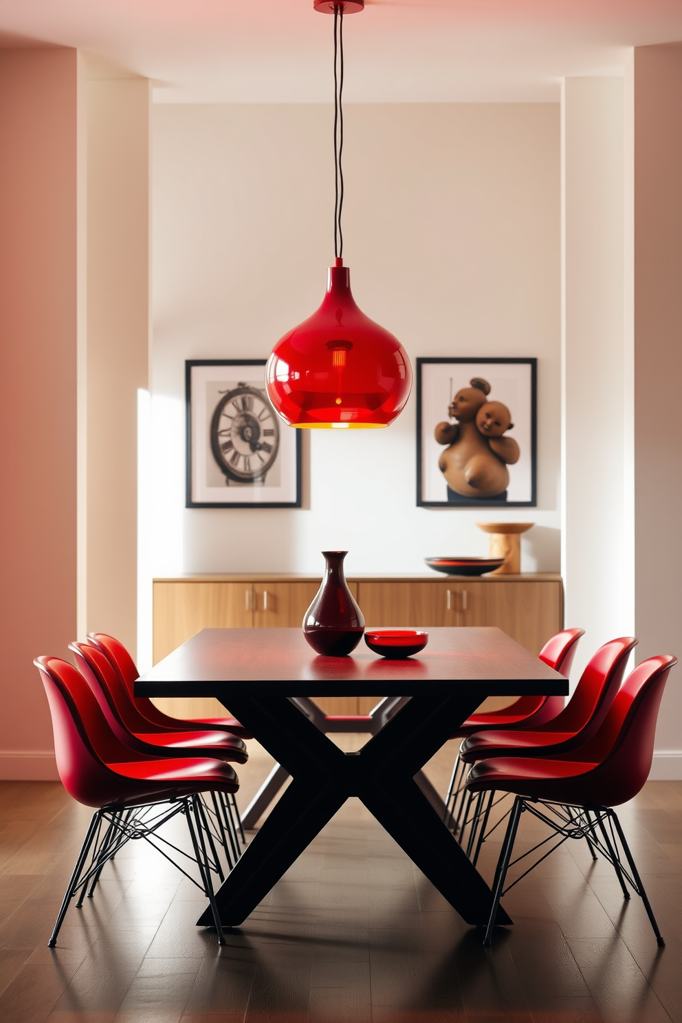 A modern dining room featuring a sleek wooden table surrounded by stylish red chairs. Above the table, two striking red pendant lights hang, casting a warm glow over the space.