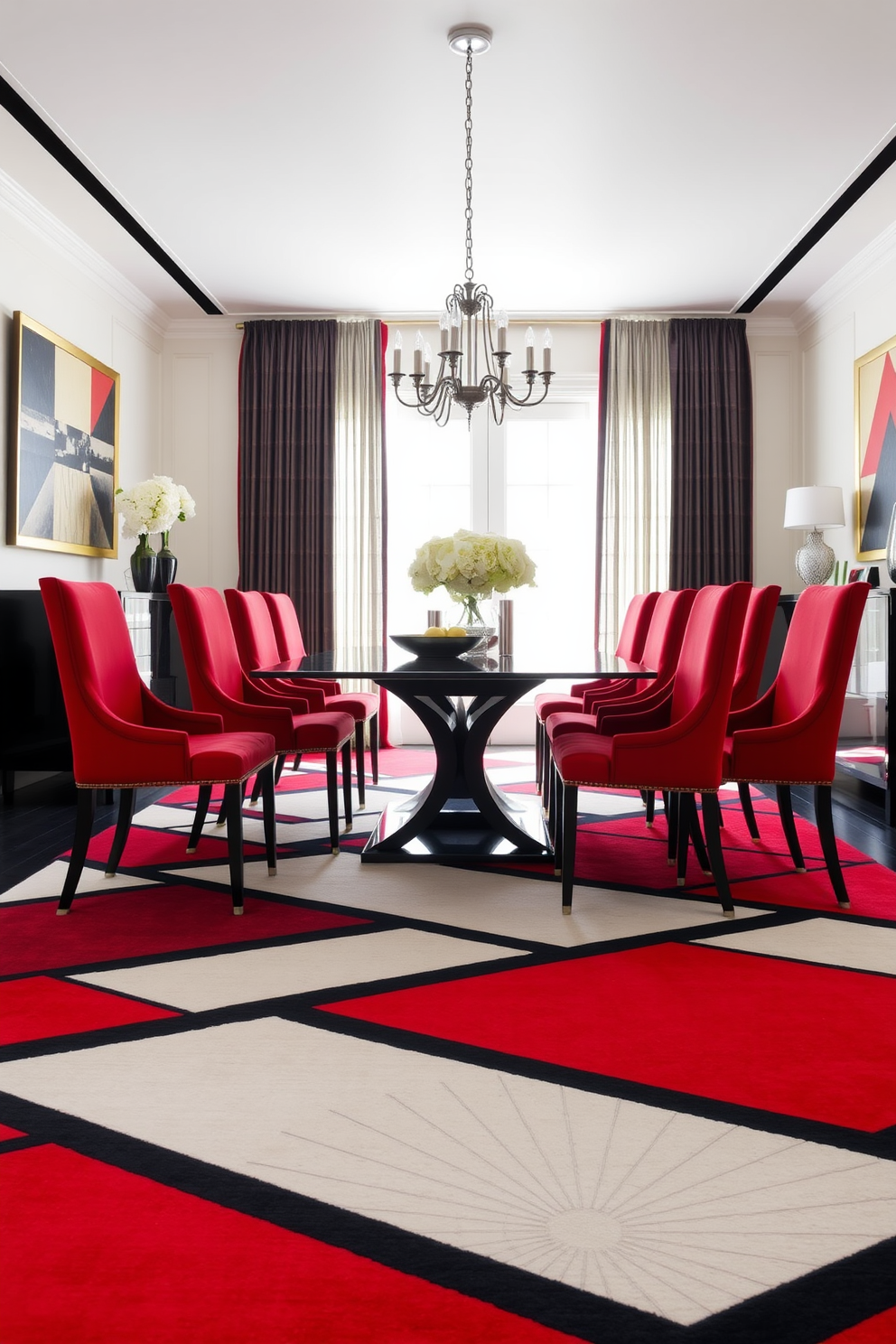 A striking dining room featuring a bold red and black geometric patterned rug that anchors the space. The room is adorned with a sleek black dining table surrounded by elegant red upholstered chairs, creating a vibrant and modern atmosphere.