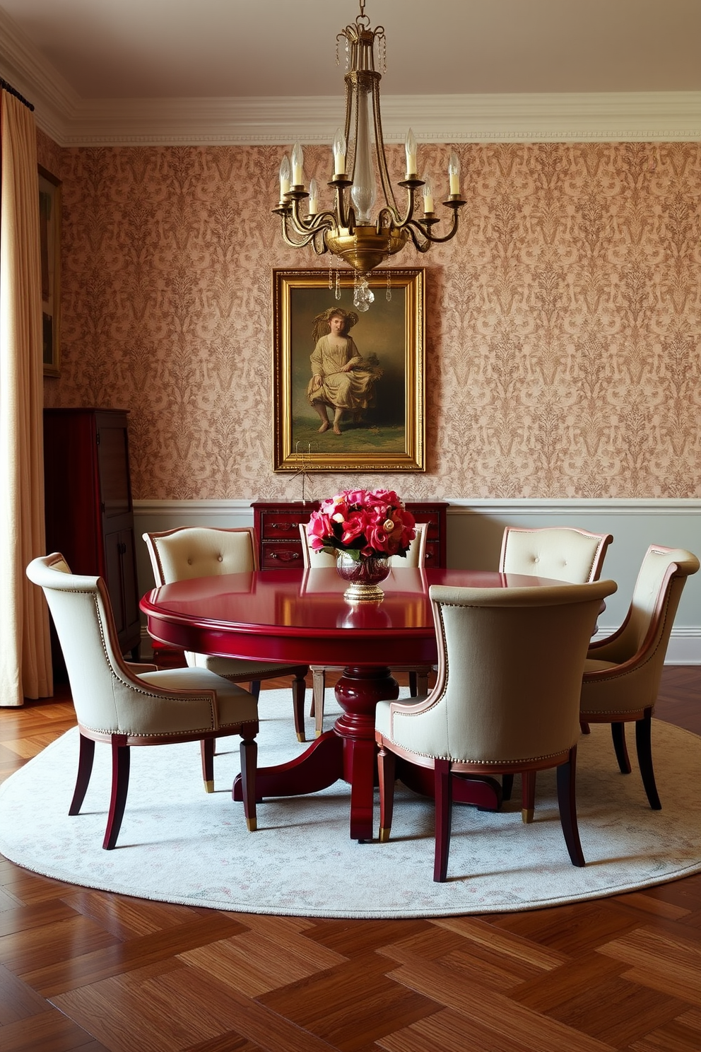 A classic round red dining table serves as the centerpiece of the room. Surrounding the table are elegant upholstered chairs in a complementary color, creating a warm and inviting atmosphere. The walls are adorned with soft cream wallpaper that enhances the richness of the red table. A stylish chandelier hangs above, casting a gentle glow over the dining area, perfect for intimate gatherings.