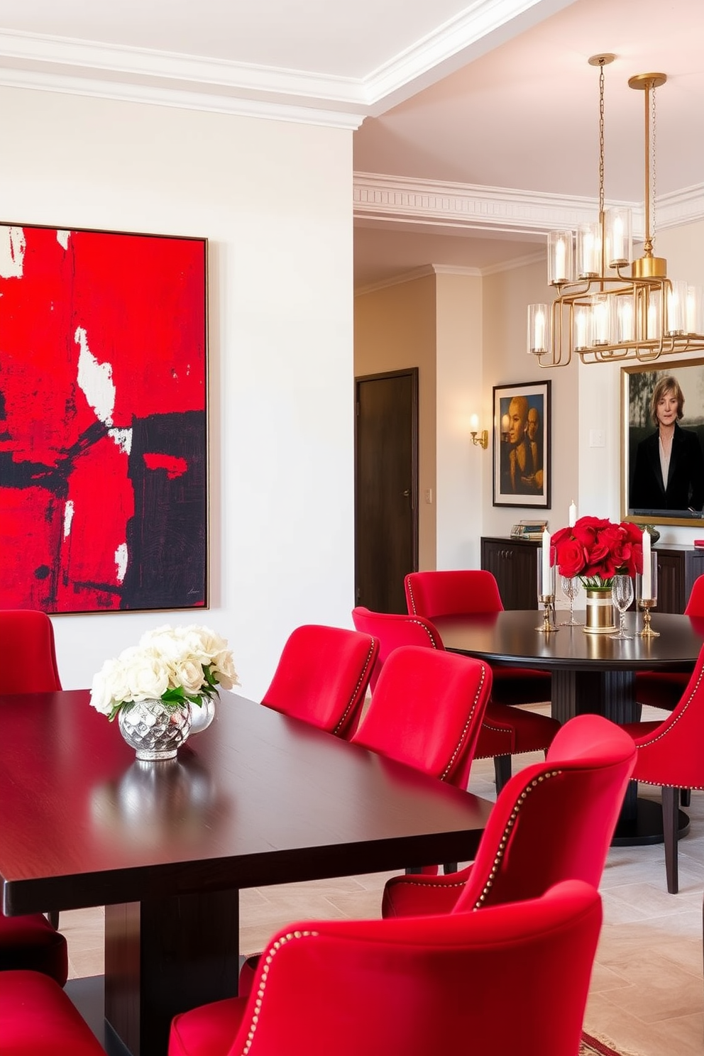 Artistic red wall art to enhance decor. The wall features a bold abstract painting with vibrant reds and contrasting colors that draw the eye and create a focal point. Red dining room design ideas. The space is adorned with a sleek wooden dining table surrounded by plush red upholstered chairs, complemented by elegant lighting fixtures that add warmth and sophistication.