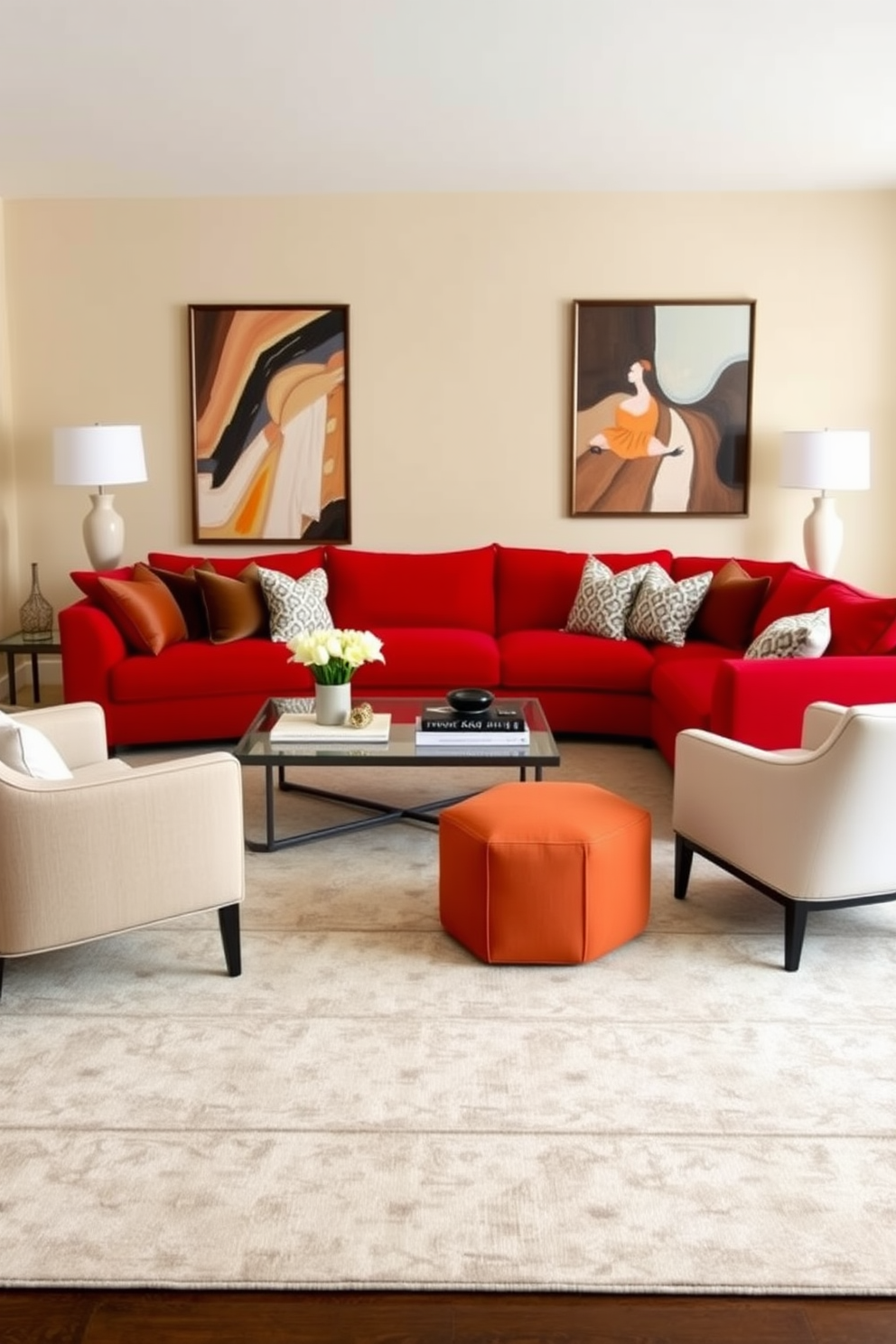 A bold red sectional sofa is the focal point of the family room, surrounded by neutral accent chairs and a sleek coffee table. The walls are painted in a soft beige, and a large area rug with subtle patterns anchors the seating area.