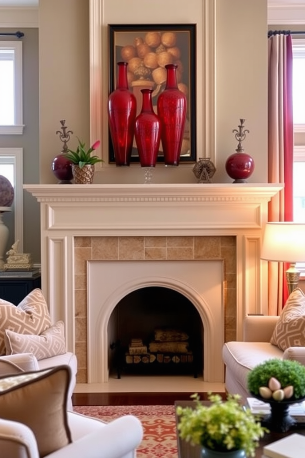 A cozy family room features a stylish mantel adorned with vibrant red decorative vases. The room is designed with plush seating, warm lighting, and a welcoming atmosphere that invites relaxation and conversation.