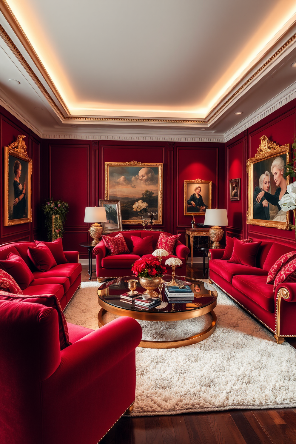 A luxurious family room featuring a rich red color scheme complemented by gold accents. Plush red sofas are arranged around a stunning gold coffee table, creating an inviting atmosphere. The walls are adorned with elegant gold-framed artwork, enhancing the room's sophisticated vibe. A soft cream area rug anchors the seating area, adding warmth and comfort to the space.