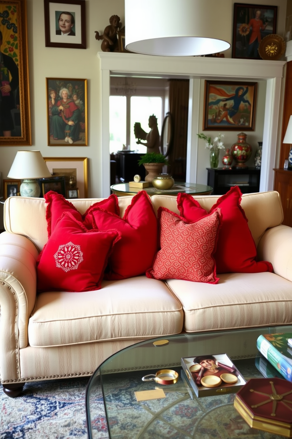 A cozy family room featuring red and white striped wallpaper that adds a cheerful touch to the space. A plush white sectional sofa is arranged around a rustic wooden coffee table, creating an inviting atmosphere for family gatherings. In the corner, a stylish floor lamp casts a warm glow, highlighting a collection of colorful throw pillows on the sofa. A large area rug with a subtle pattern anchors the seating area, while framed family photos adorn the walls, adding a personal touch.