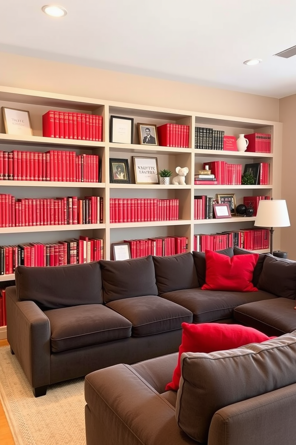 A cozy family room featuring open shelving filled with an array of red books alongside decorative items. The walls are painted in a warm neutral tone, and a plush sectional sofa in deep gray provides a comfortable seating area.