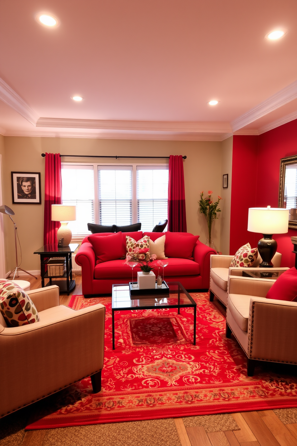 A cozy family room with warm red accents throughout the space. Soft accent lighting illuminates the red features, creating a welcoming atmosphere. The room includes a plush red sofa paired with neutral-toned armchairs. A stylish coffee table sits at the center, surrounded by decorative pillows and a vibrant area rug.