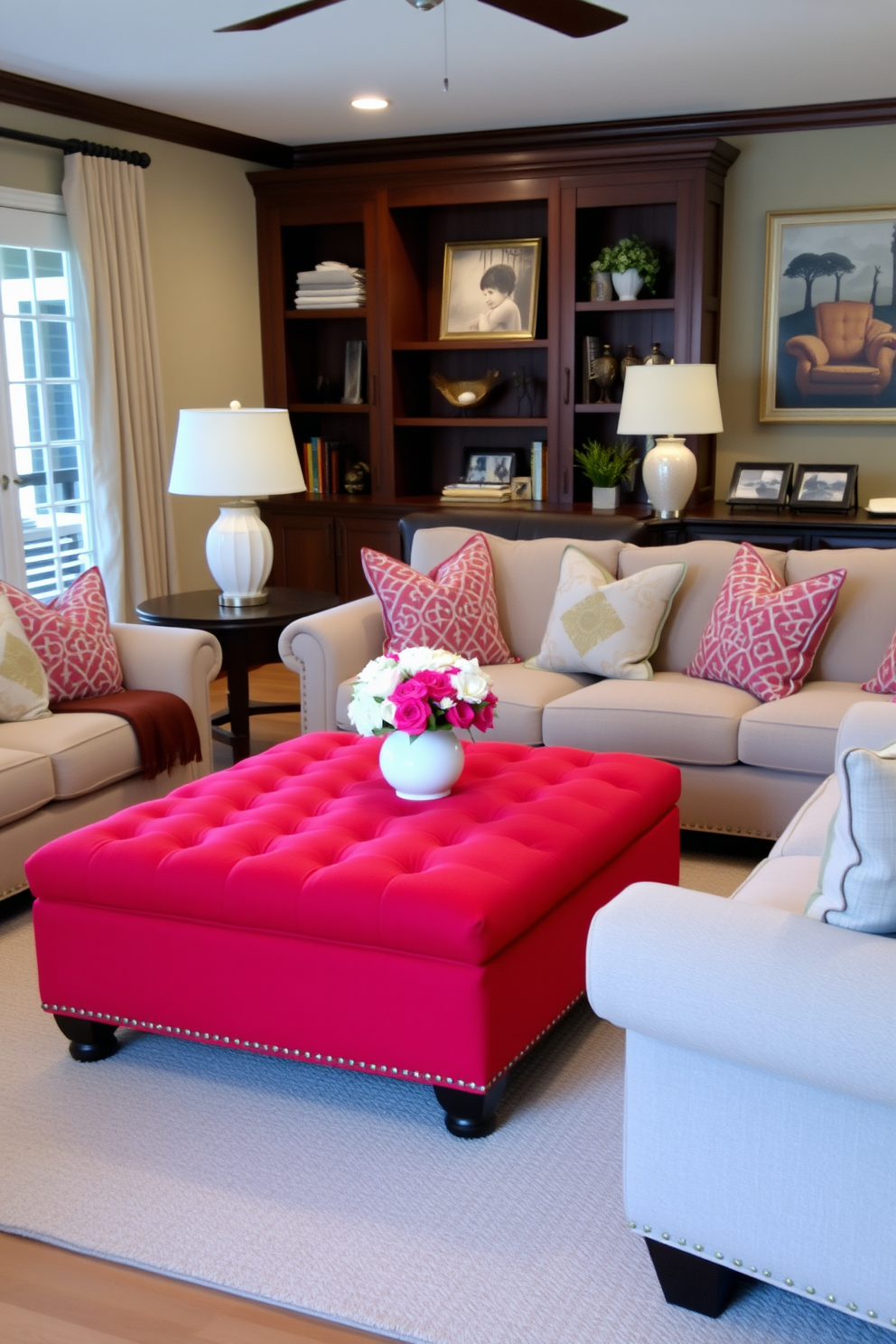 A cozy family room features a red upholstered ottoman that provides extra seating and adds a pop of color to the space. The room is designed with a warm palette, incorporating soft textures and inviting furnishings to create a welcoming atmosphere.