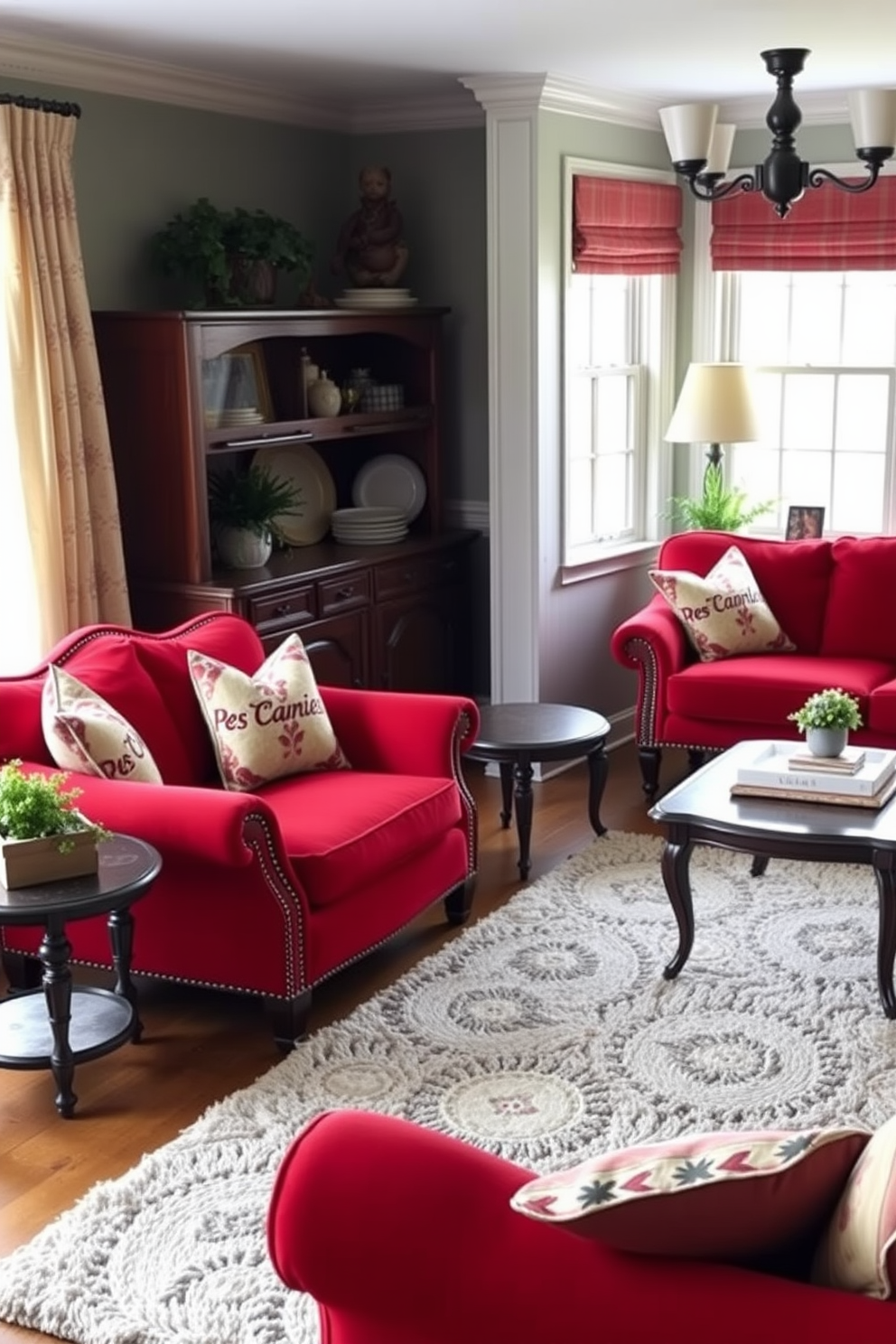 A cozy family room featuring vintage red furniture pieces that exude charm and warmth. The room is adorned with a plush area rug, soft lighting, and decorative throw pillows that complement the red tones.