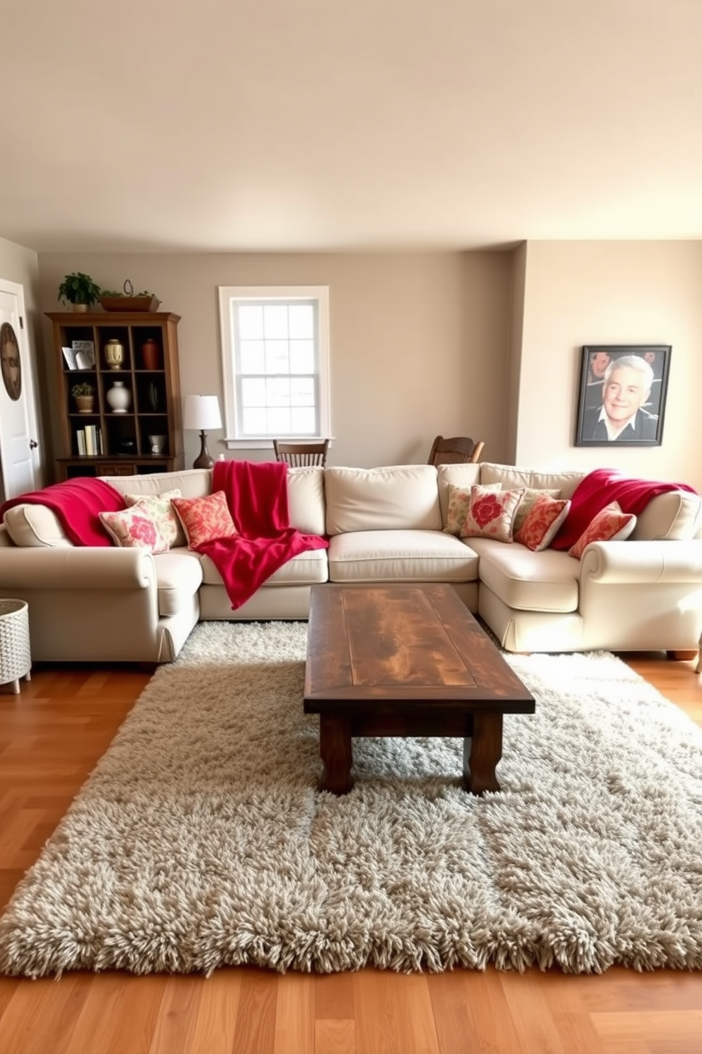 A cozy family room designed with a warm and inviting atmosphere. The space features a large sectional sofa adorned with red throw blankets, providing comfort and a pop of color. The walls are painted in a soft neutral tone to enhance the warmth of the red accents. A rustic wooden coffee table sits in the center, surrounded by plush area rugs that add texture and coziness to the room.