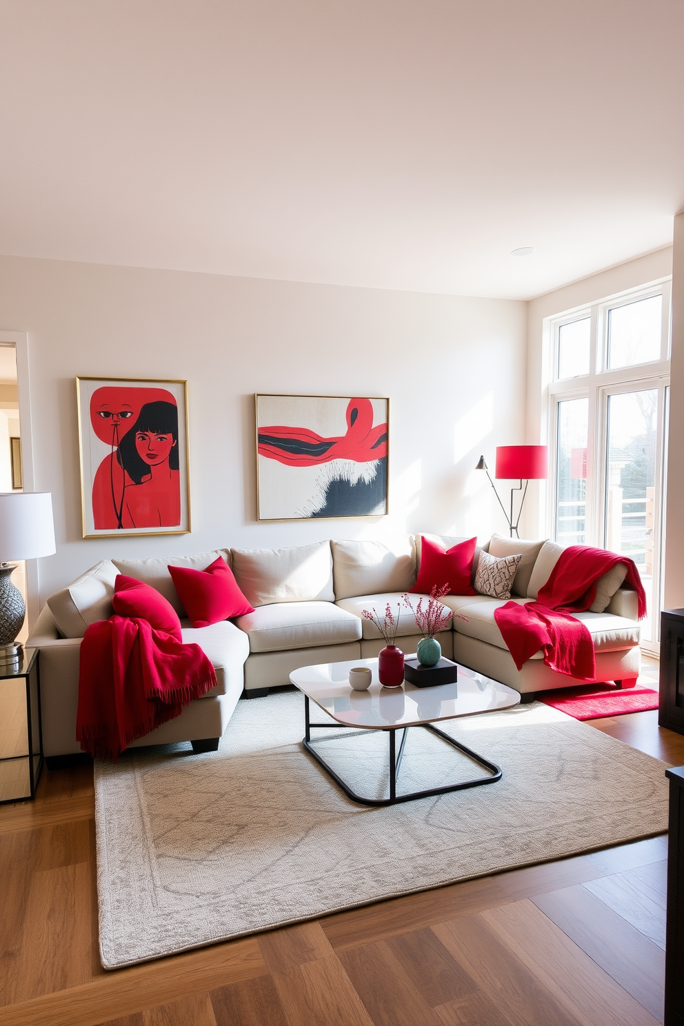 A vibrant family room featuring red geometric patterned textiles throughout the space. The walls are painted in a soft neutral tone to complement the bold red accents. A plush sectional sofa in deep red is paired with a sleek glass coffee table at the center. Decorative throw pillows with geometric patterns add visual interest and a cozy touch to the seating area. Large windows allow natural light to flood the room, highlighting the rich textures of the textiles. A statement area rug with red geometric designs anchors the space, creating a warm and inviting atmosphere. Artwork featuring abstract shapes in red and complementary colors adorns the walls. A stylish floor lamp with a modern design provides additional lighting, enhancing the room's contemporary feel.