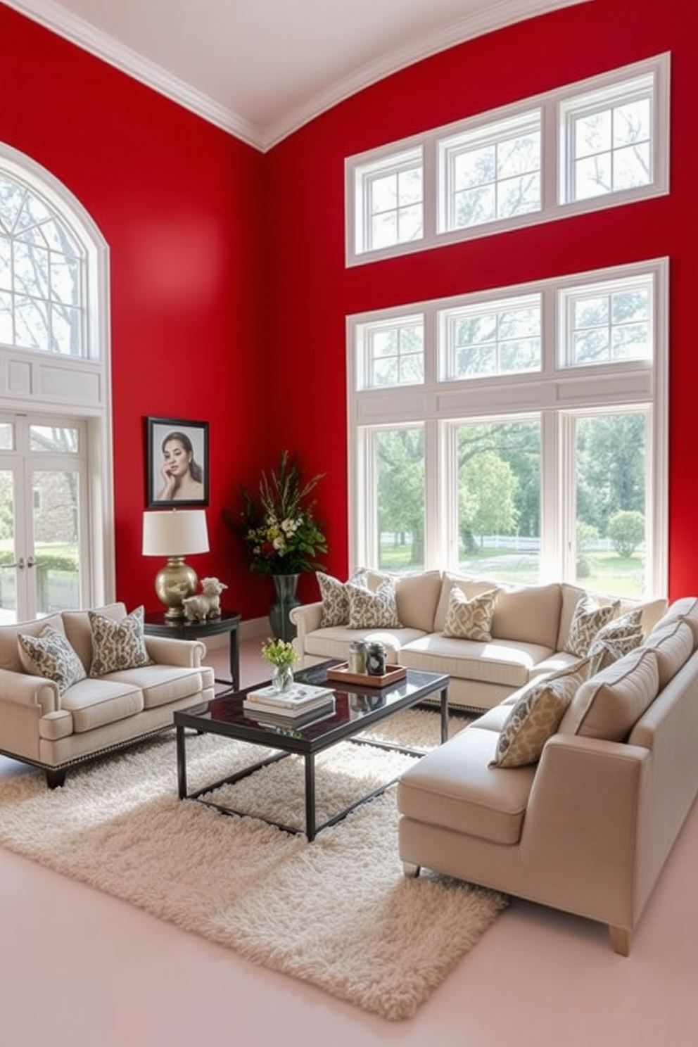 A striking family room featuring a bold red accent wall complemented by crisp white trim. The space is filled with a comfortable sectional sofa in neutral tones and a stylish coffee table at the center. Large windows allow natural light to flood the room, highlighting a plush area rug that anchors the seating area. Decorative throw pillows in various patterns add a touch of warmth and personality to the design.