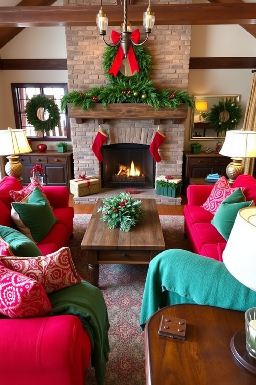 A cozy family room adorned with red and green seasonal decor accents. Plush red sofas are arranged around a rustic wooden coffee table, while green throw pillows add a festive touch. A large fireplace serves as the focal point, decorated with a garland of evergreen and red berries. Warm lighting from elegant lamps creates an inviting atmosphere perfect for family gatherings.