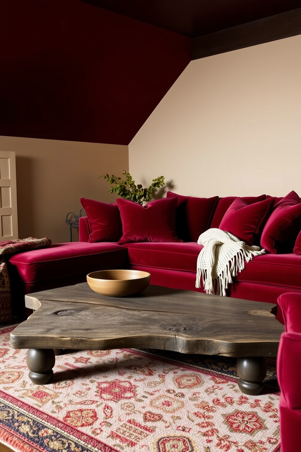 A cozy family room featuring layered textures with rich red fabrics. Plush red velvet cushions adorn a deep burgundy sofa, complemented by a soft woven throw blanket draped over the armrest. The walls are painted in a warm cream tone, enhancing the inviting atmosphere. A rustic wooden coffee table sits at the center, surrounded by a patterned area rug that ties the room together.