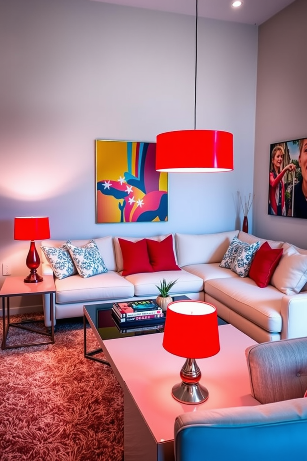 A cozy family room with a warm and inviting atmosphere. The walls are painted in a soft beige tone, and the furniture features plush seating in rich red upholstery. A large sectional sofa is complemented by red and white patterned throw pillows. On the walls, decorative shelving displays curated items, with vibrant red accents that tie the room together.